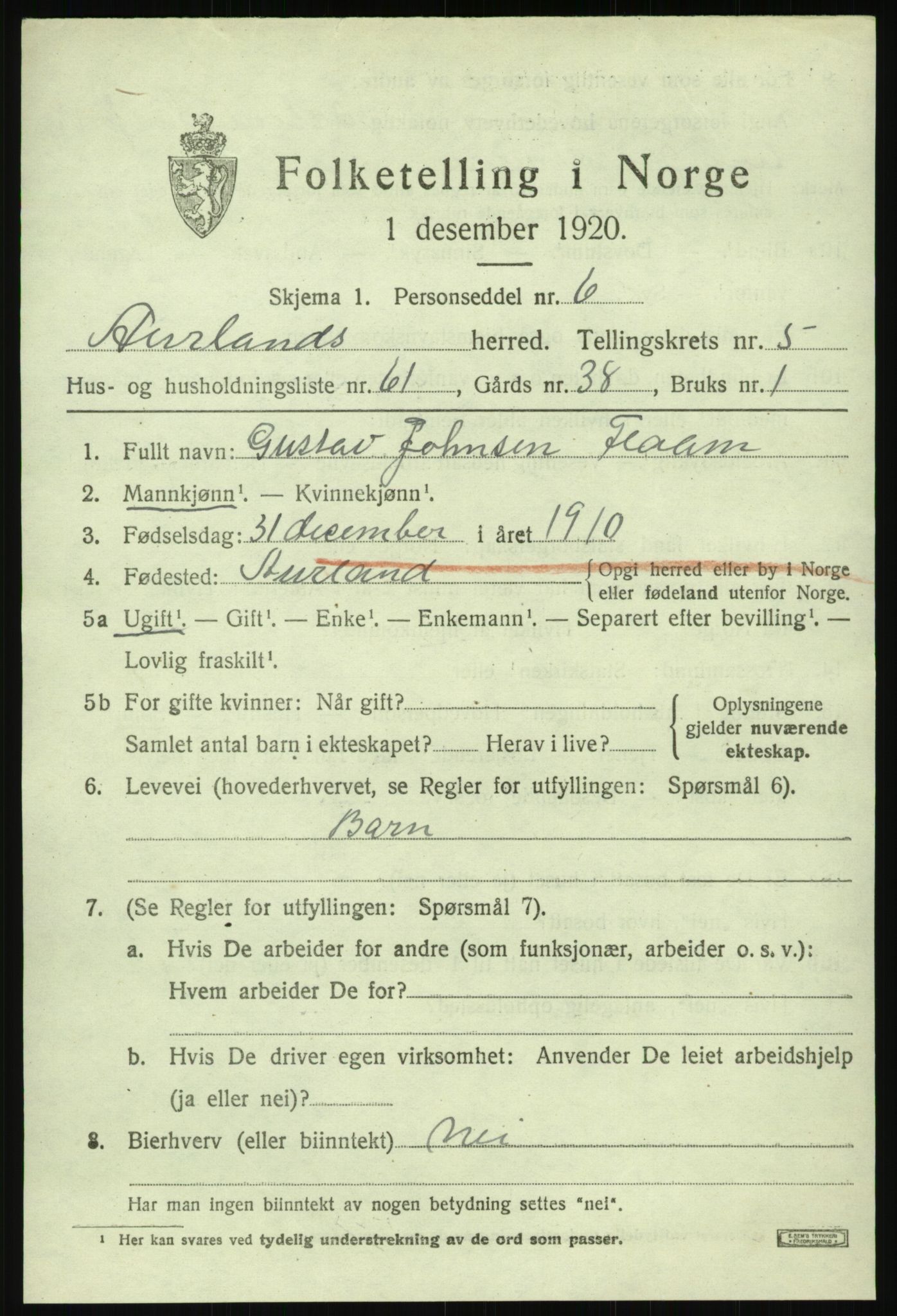 SAB, Folketelling 1920 for 1421 Aurland herred, 1920, s. 3856