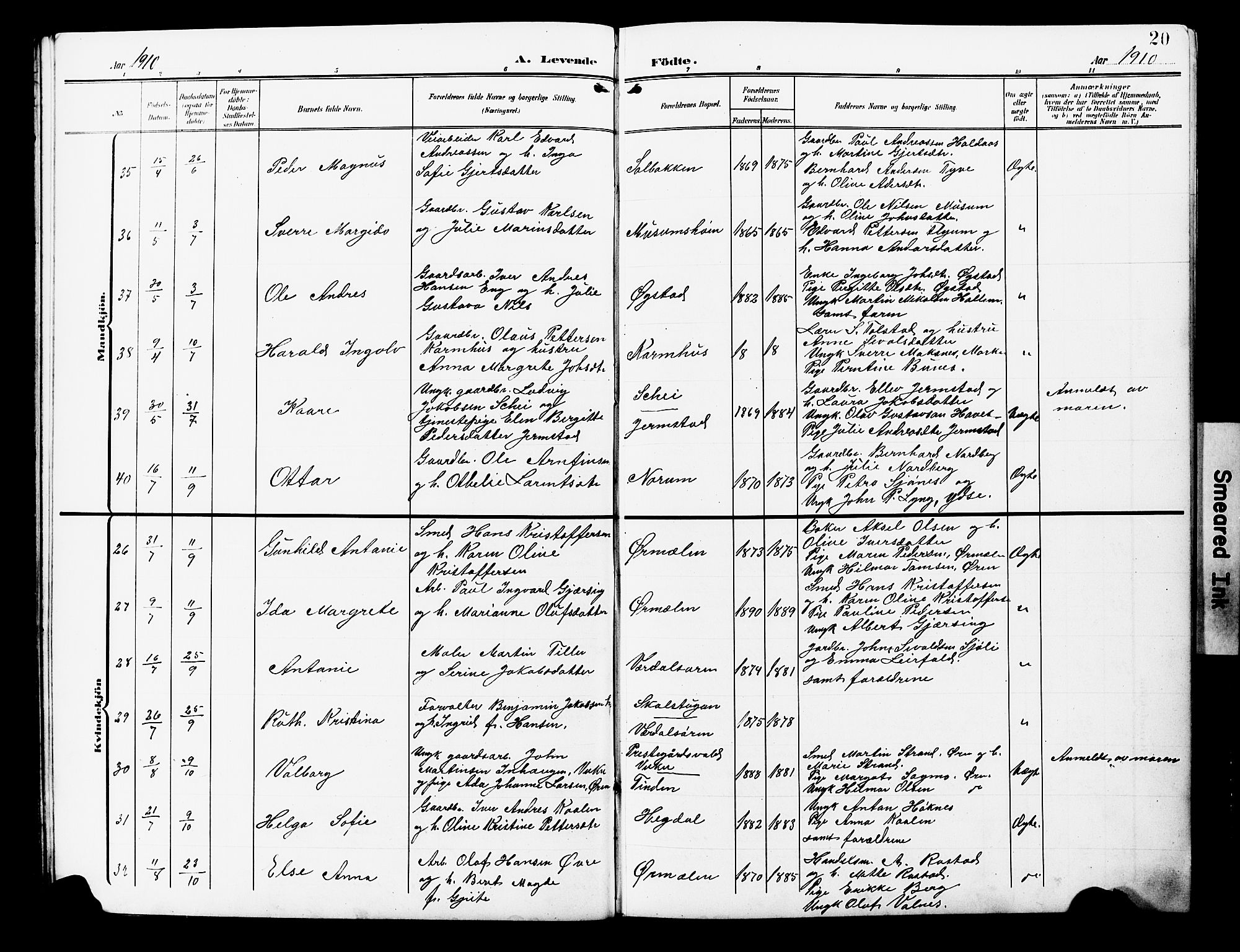 Ministerialprotokoller, klokkerbøker og fødselsregistre - Nord-Trøndelag, AV/SAT-A-1458/723/L0258: Klokkerbok nr. 723C06, 1908-1927, s. 20