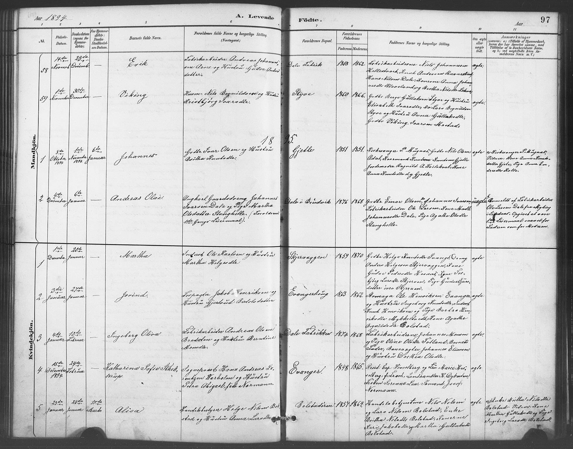Evanger sokneprestembete, AV/SAB-A-99924: Klokkerbok nr. A 4, 1887-1897, s. 97