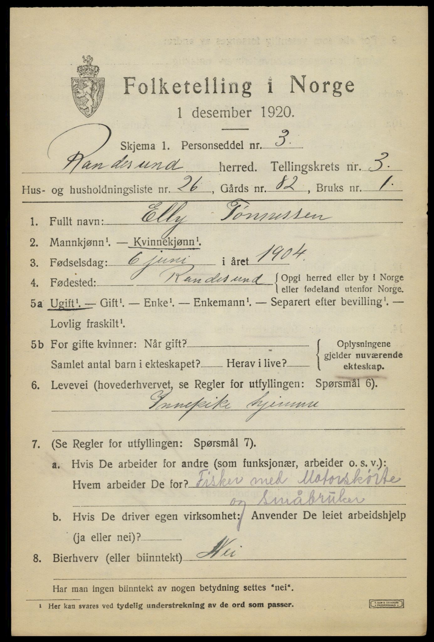 SAK, Folketelling 1920 for 1011 Randesund herred, 1920, s. 1744