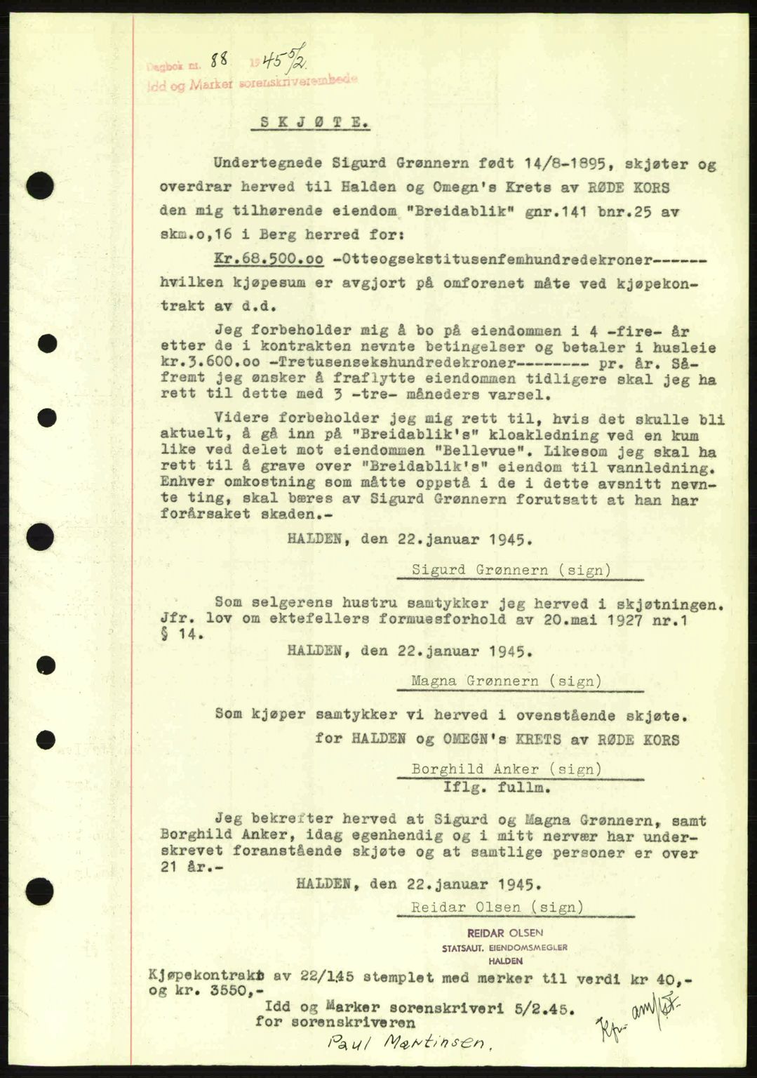 Idd og Marker sorenskriveri, AV/SAO-A-10283/G/Gb/Gbb/L0007: Pantebok nr. A7, 1944-1945, Dagboknr: 88/1945