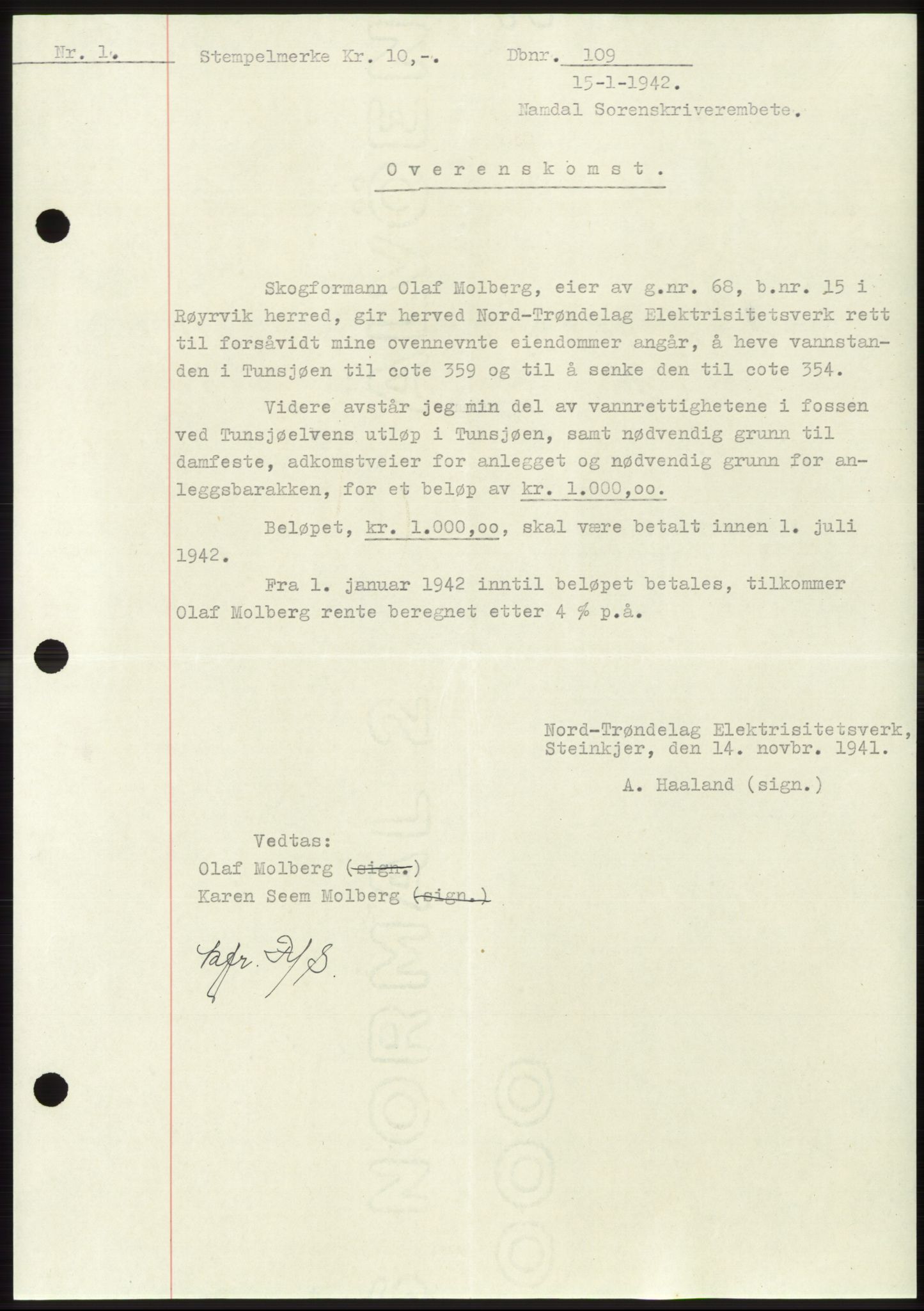 Namdal sorenskriveri, SAT/A-4133/1/2/2C: Pantebok nr. -, 1941-1942, Dagboknr: 109/1942