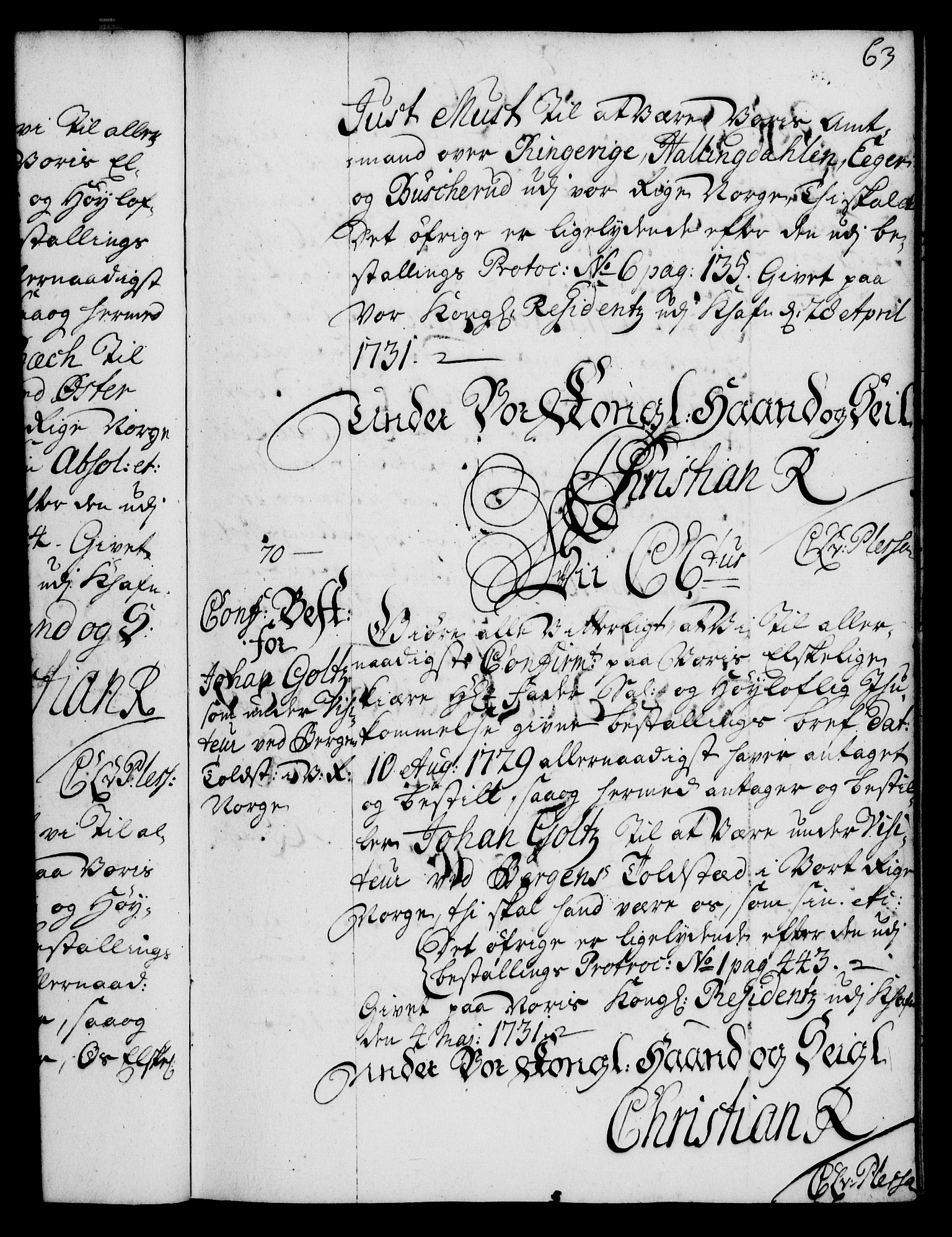Rentekammeret, Kammerkanselliet, AV/RA-EA-3111/G/Gg/Ggg/L0001: Norsk konfirmasjonsbestallingsprotokoll med register (merket RK 53.31), 1731-1737, s. 63