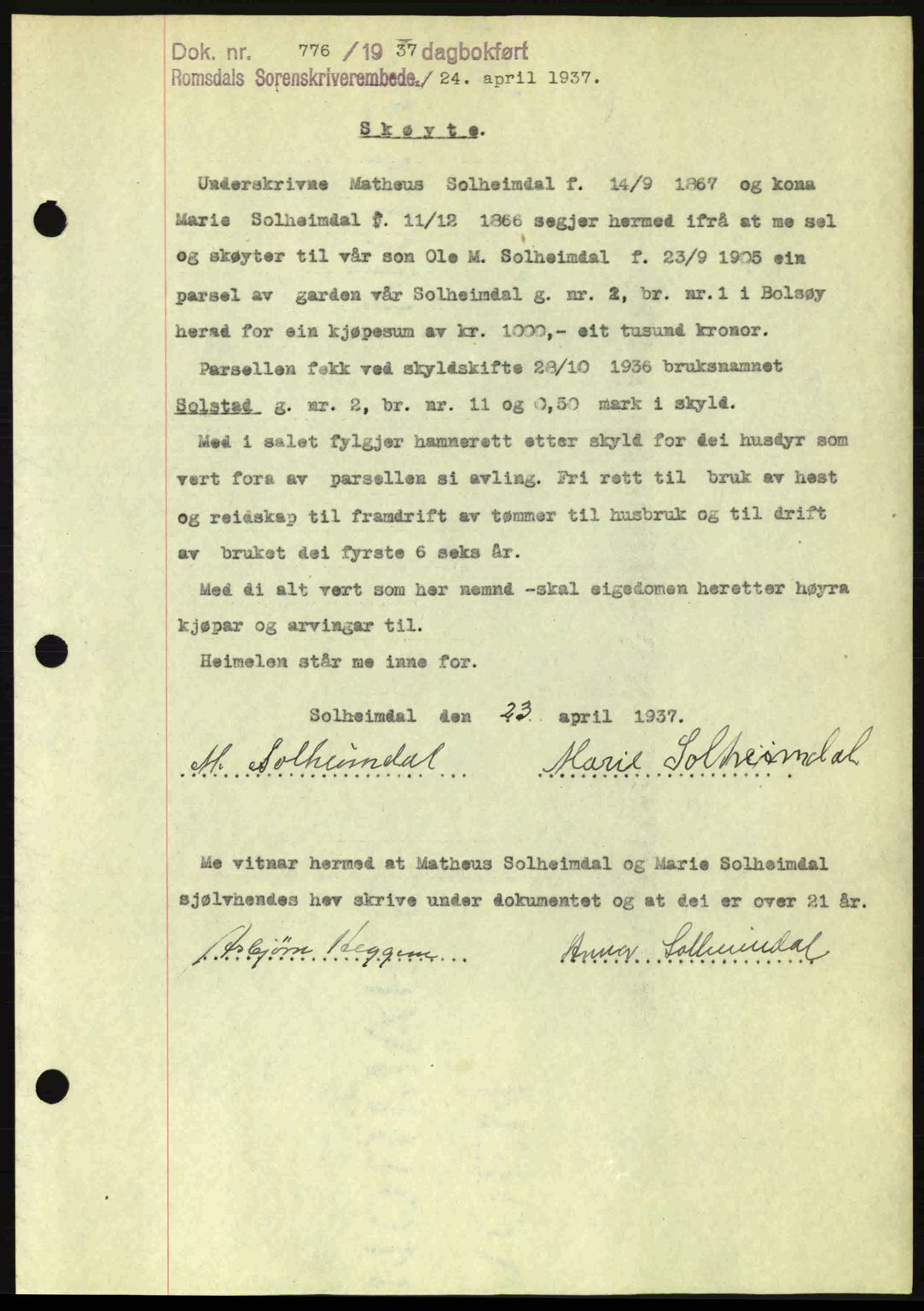 Romsdal sorenskriveri, SAT/A-4149/1/2/2C: Pantebok nr. A3, 1937-1937, Dagboknr: 776/1937