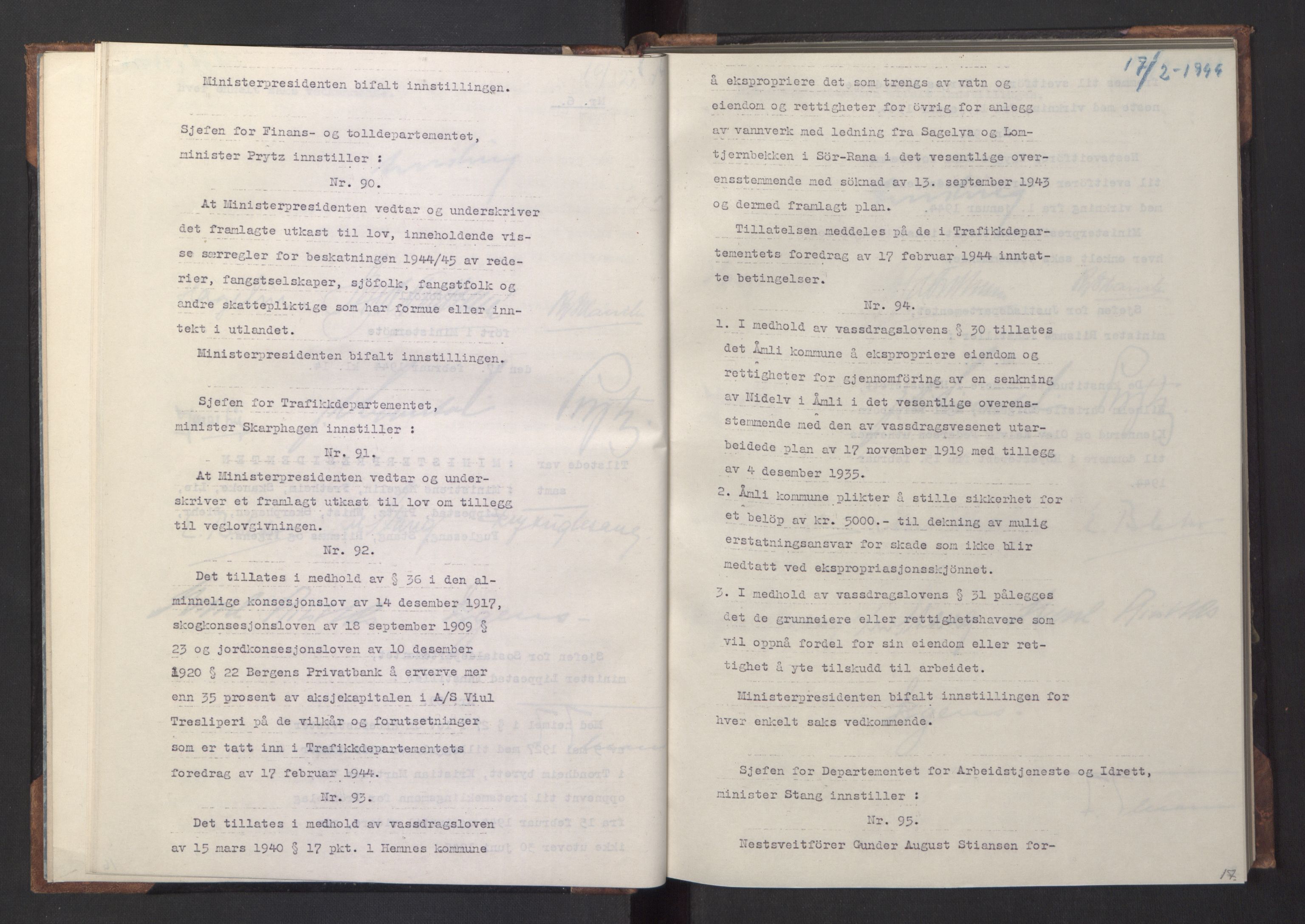 NS-administrasjonen 1940-1945 (Statsrådsekretariatet, de kommisariske statsråder mm), AV/RA-S-4279/D/Da/L0005: Protokoll fra ministermøter, 1944, s. 19