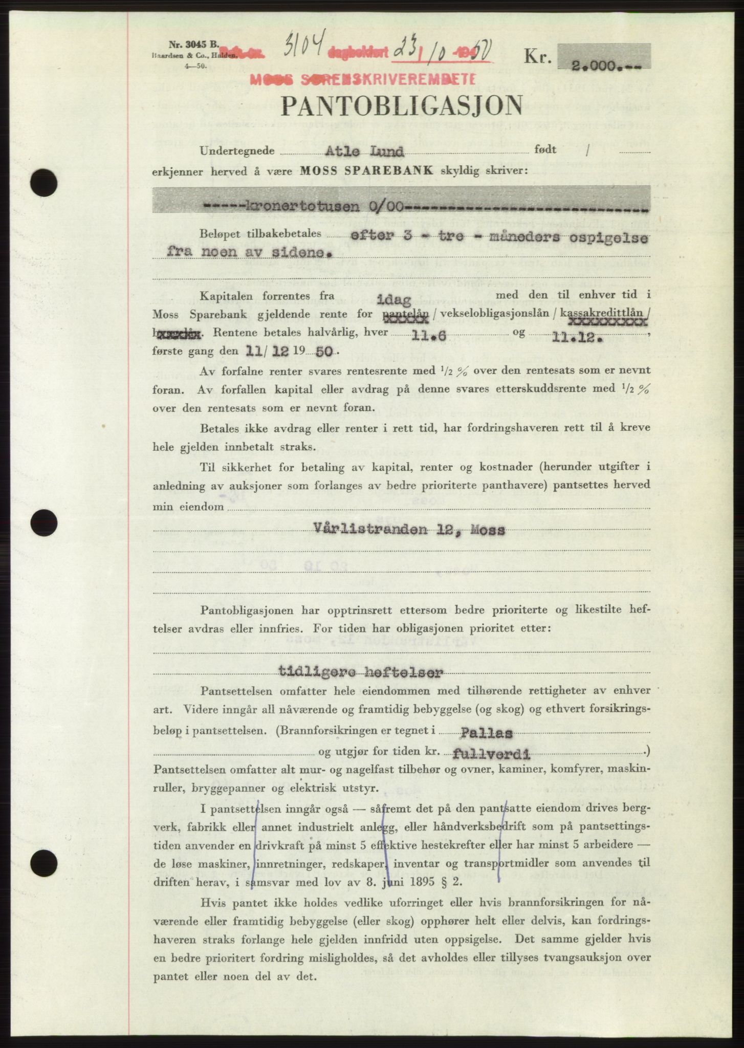 Moss sorenskriveri, SAO/A-10168: Pantebok nr. B25, 1950-1950, Dagboknr: 3104/1950