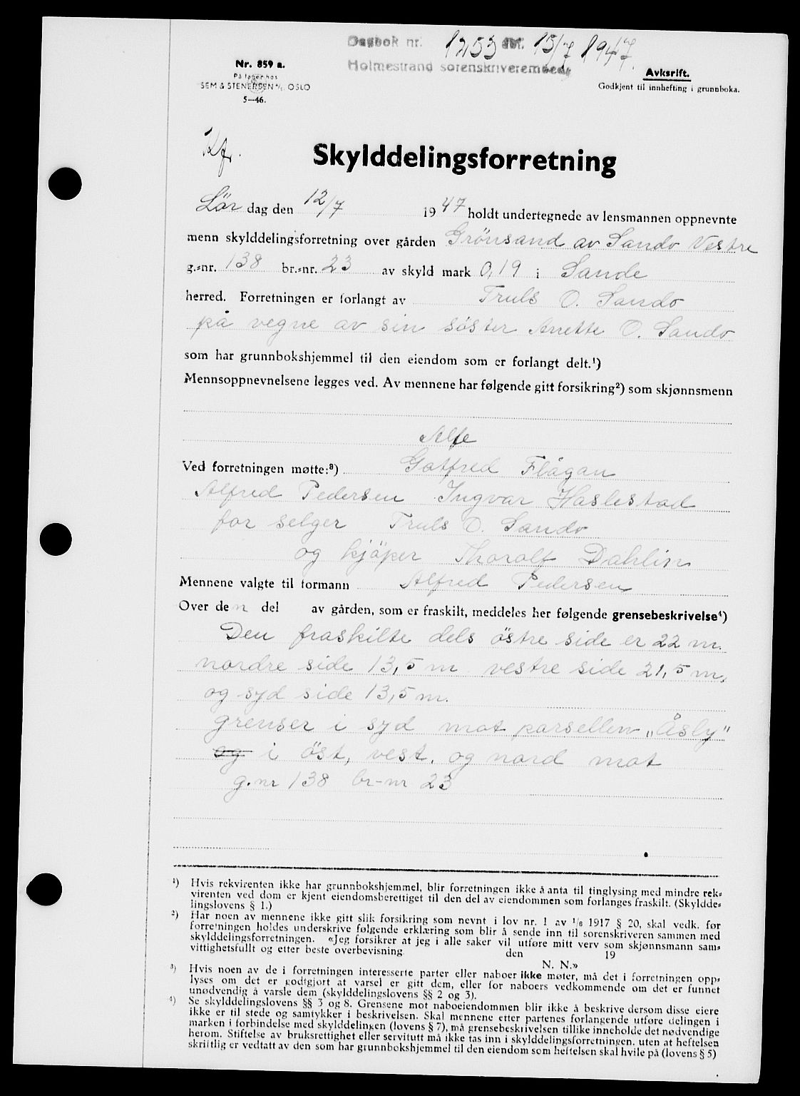 Holmestrand sorenskriveri, SAKO/A-67/G/Ga/Gaa/L0062: Pantebok nr. A-62, 1947-1947, Dagboknr: 1253/1947