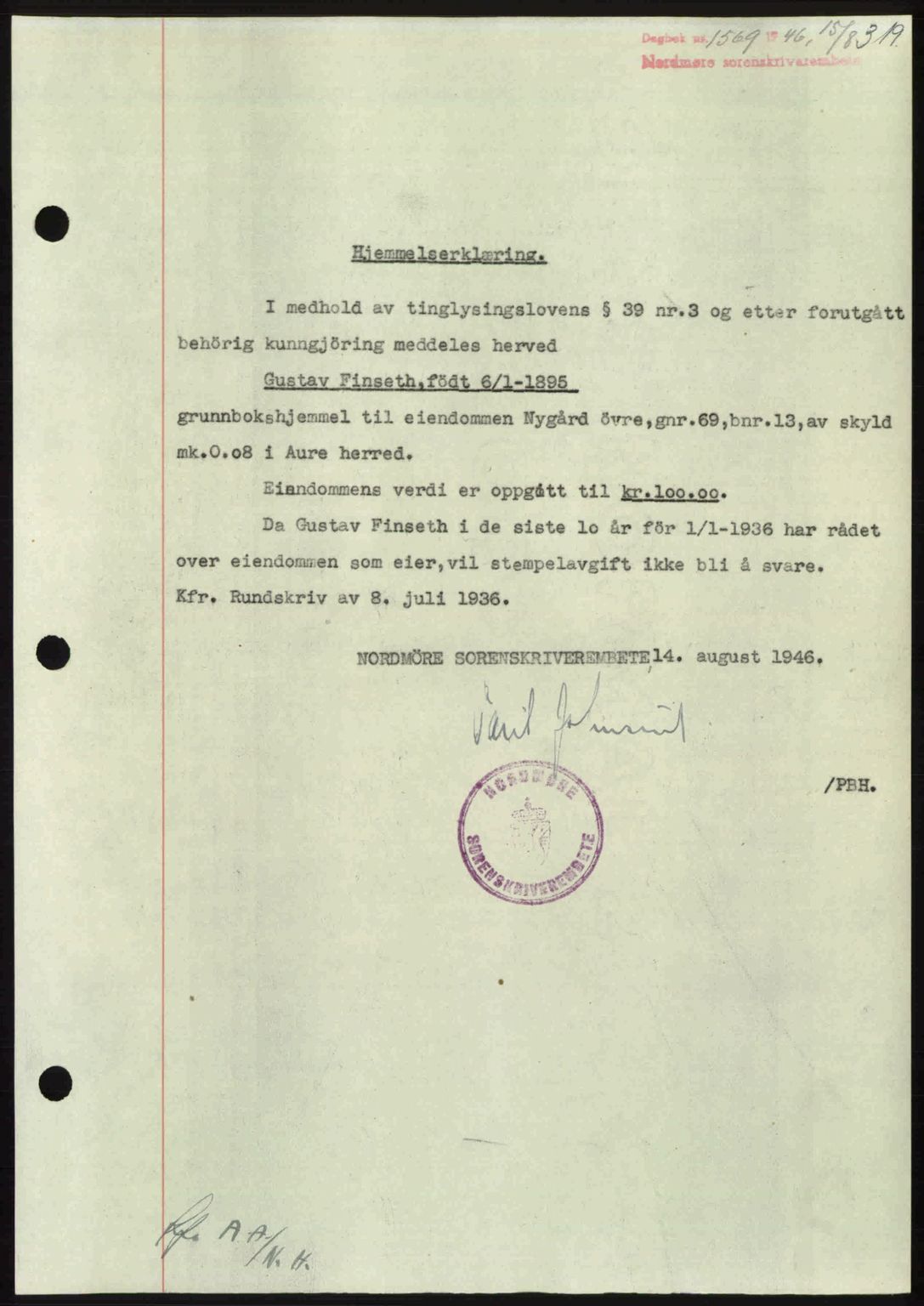 Nordmøre sorenskriveri, SAT/A-4132/1/2/2Ca: Pantebok nr. A102, 1946-1946, Dagboknr: 1569/1946