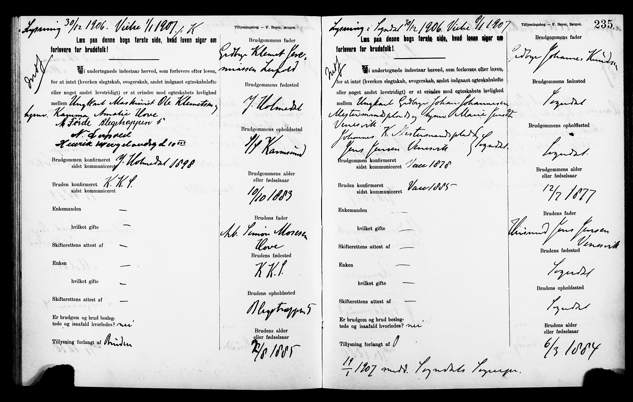 Korskirken sokneprestembete, SAB/A-76101: Forlovererklæringer nr. II.5.8, 1903-1908, s. 235