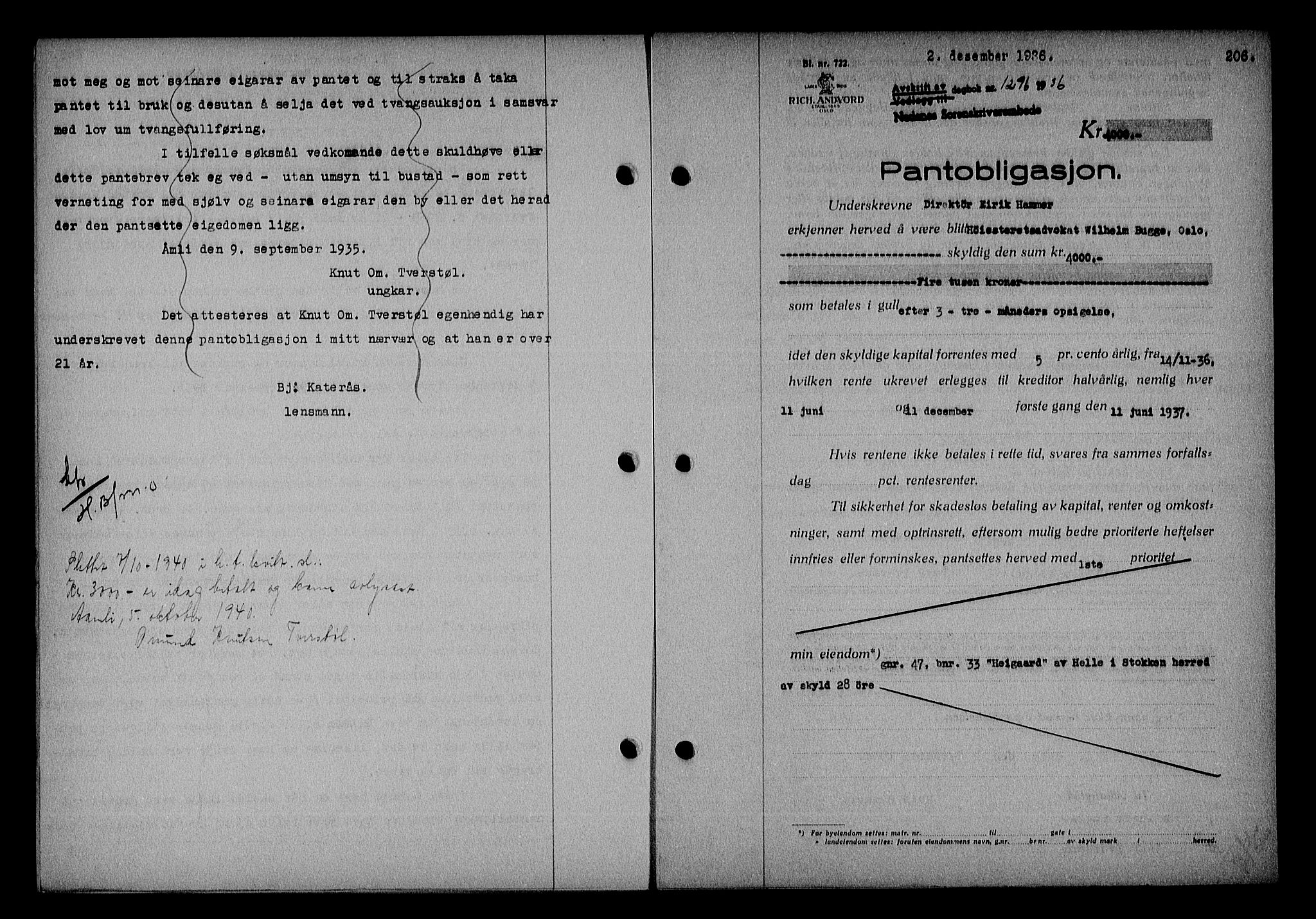 Nedenes sorenskriveri, SAK/1221-0006/G/Gb/Gba/L0043: Pantebok nr. 39, 1936-1937, Dagboknr: 1296/1936