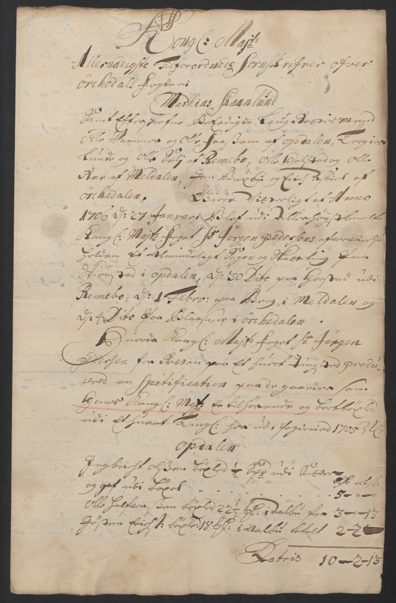 Rentekammeret inntil 1814, Reviderte regnskaper, Fogderegnskap, RA/EA-4092/R60/L3955: Fogderegnskap Orkdal og Gauldal, 1705, s. 164