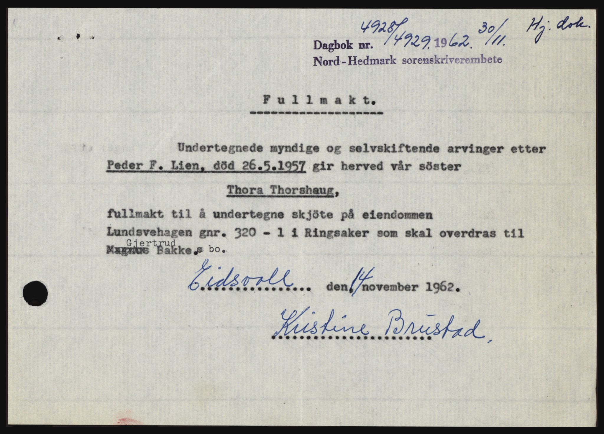 Nord-Hedmark sorenskriveri, SAH/TING-012/H/Hc/L0017: Pantebok nr. 17, 1962-1963, Dagboknr: 4928/1962
