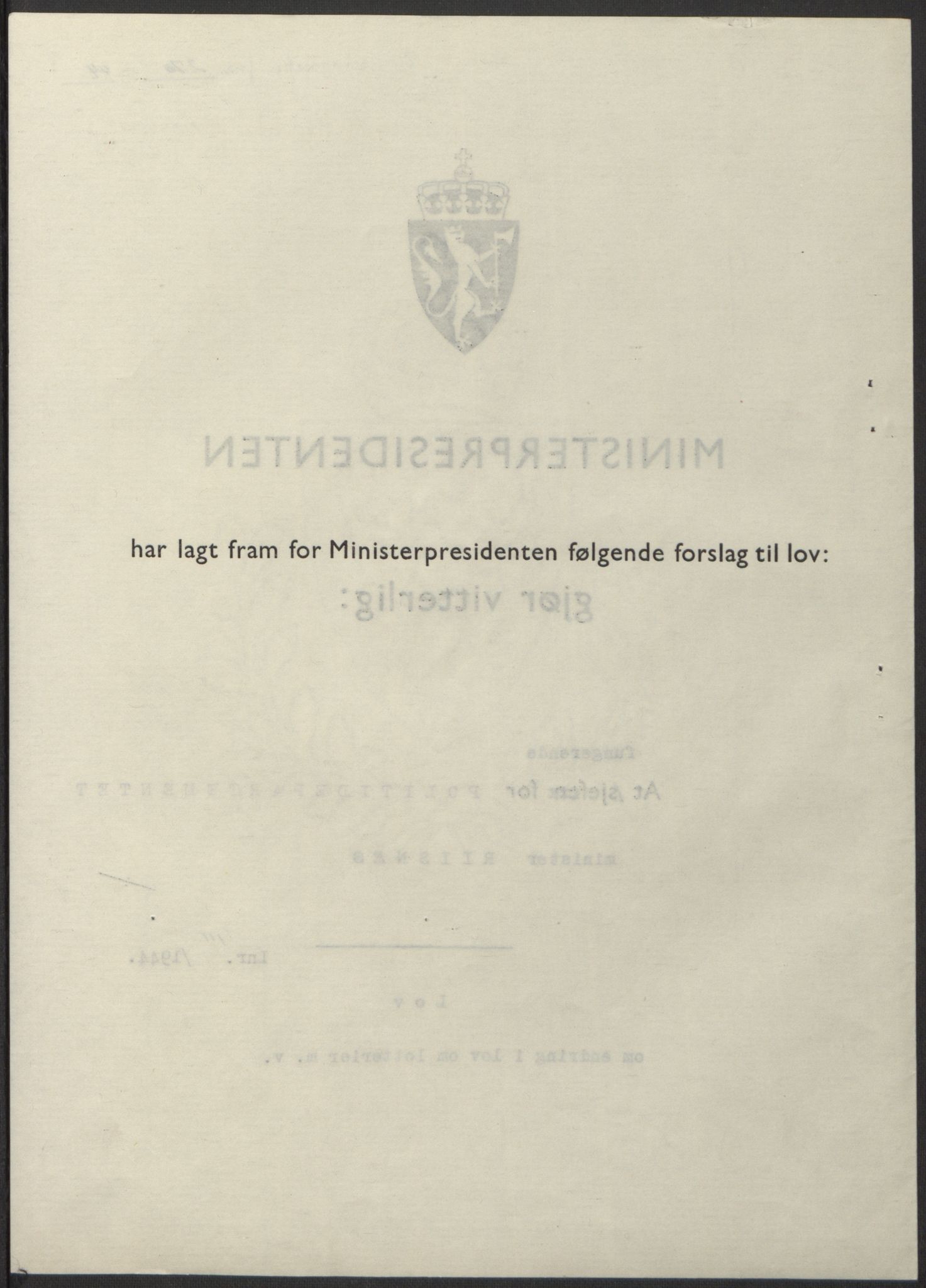 NS-administrasjonen 1940-1945 (Statsrådsekretariatet, de kommisariske statsråder mm), AV/RA-S-4279/D/Db/L0100: Lover, 1944, s. 526