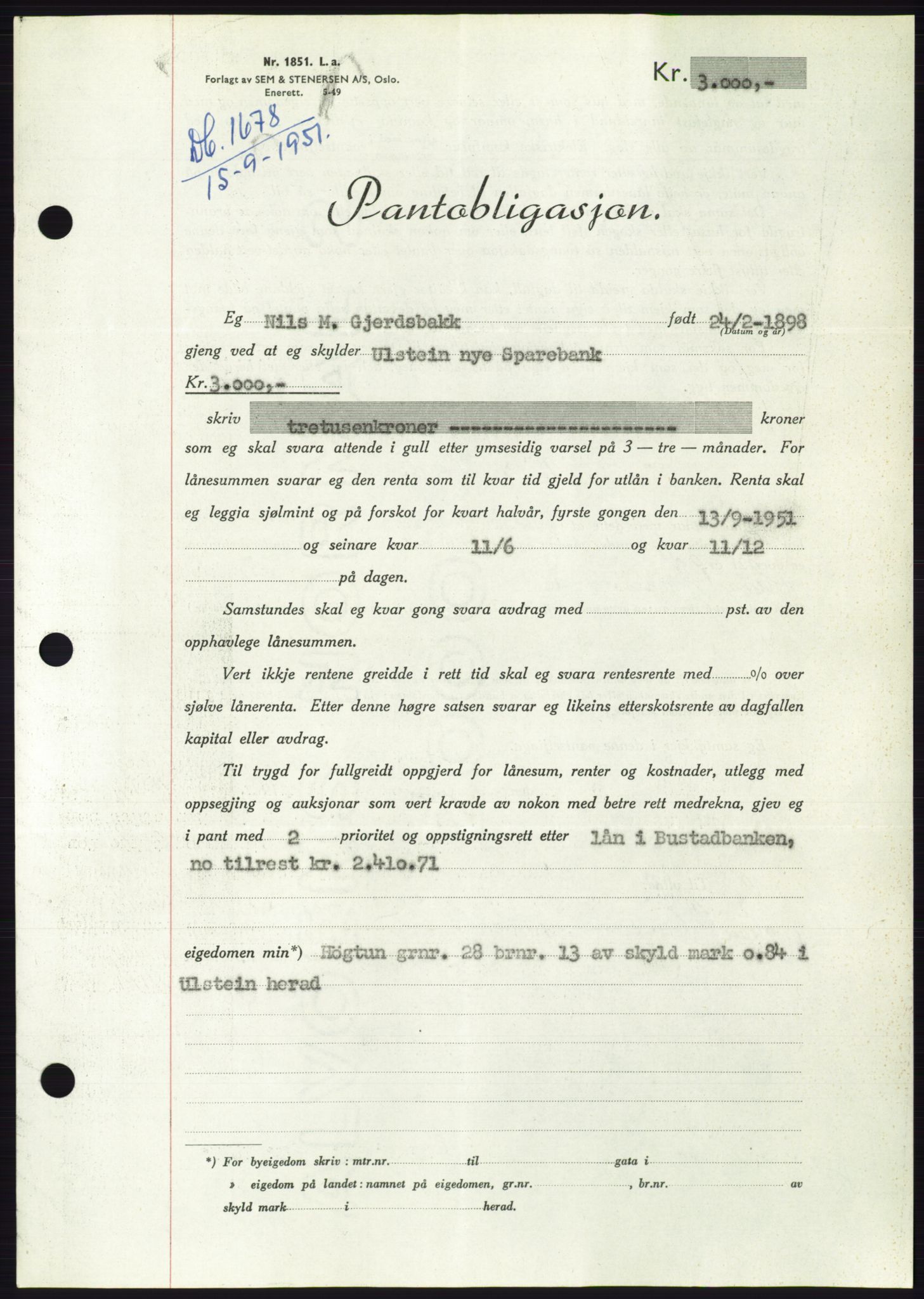 Søre Sunnmøre sorenskriveri, AV/SAT-A-4122/1/2/2C/L0120: Pantebok nr. 8B, 1951-1951, Dagboknr: 1678/1951