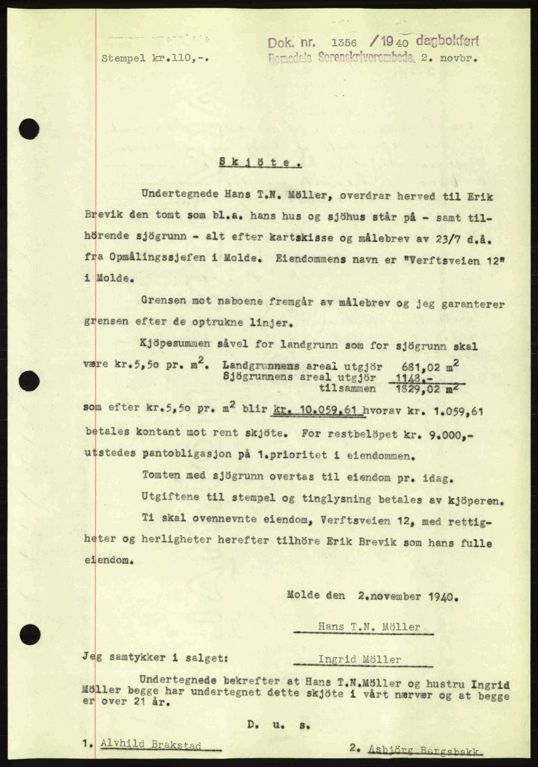 Romsdal sorenskriveri, SAT/A-4149/1/2/2C: Pantebok nr. A9, 1940-1941, Dagboknr: 1356/1940