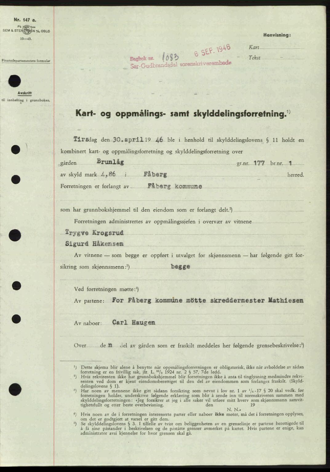 Sør-Gudbrandsdal tingrett, SAH/TING-004/H/Hb/Hbd/L0016: Pantebok nr. A16, 1946-1946, Dagboknr: 1083/1946