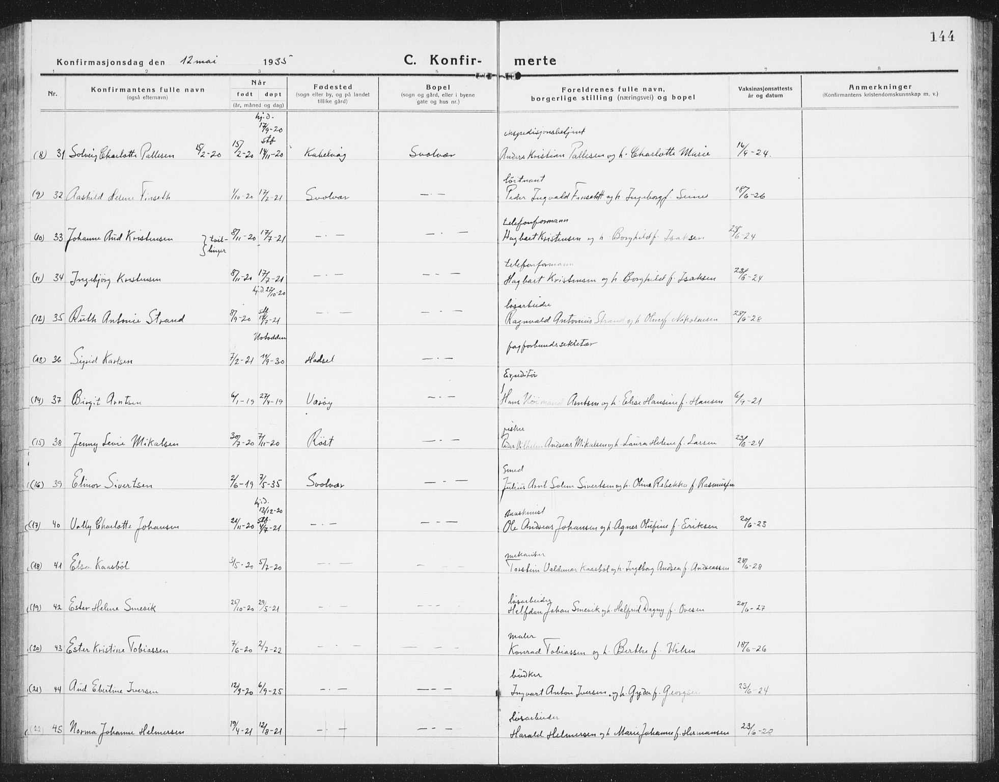 Ministerialprotokoller, klokkerbøker og fødselsregistre - Nordland, AV/SAT-A-1459/877/L1117: Klokkerbok nr. 877C01, 1923-1942, s. 144