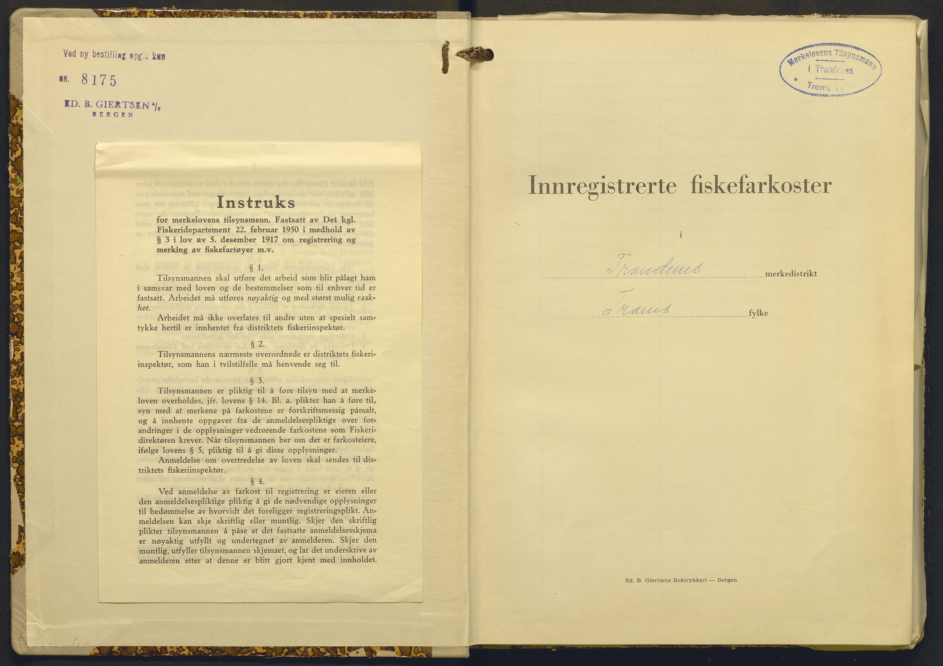 Fiskeridirektoratet - 1 Adm. ledelse - 13 Båtkontoret, AV/SAB-A-2003/I/Ia/Iab/L0085: 135.0232/4  Merkeprotokoll - Trondenes, 1960-1963