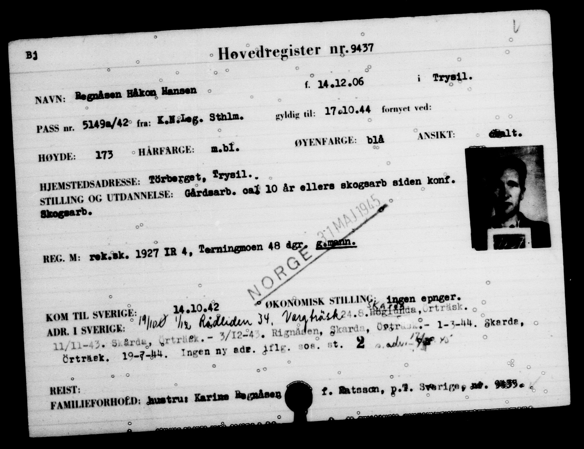 Utenriksstasjonene, Legasjonen i Stockholm, Flyktningkontoret, AV/RA-S-6753/V/Va/L0006: Kjesäterkartoteket, flyktninger med registreringsnr. 9400-12711, 1940-1945, s. 41