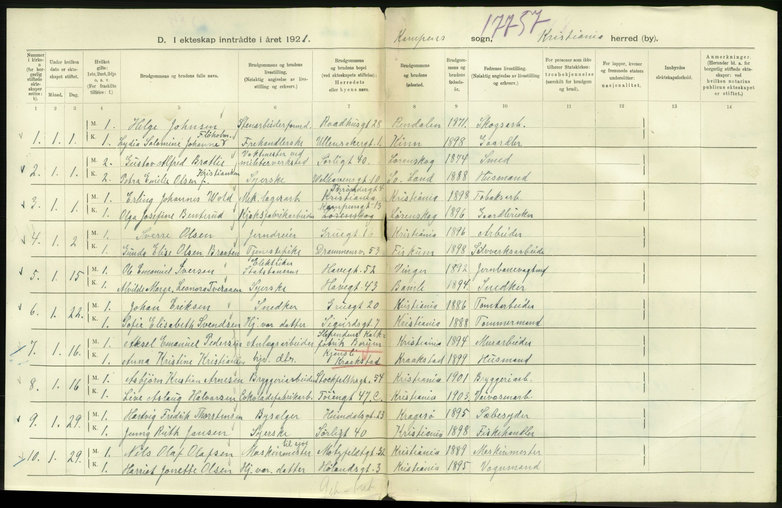 Statistisk sentralbyrå, Sosiodemografiske emner, Befolkning, AV/RA-S-2228/D/Df/Dfc/Dfca/L0011: Kristiania: Gifte, 1921, s. 752