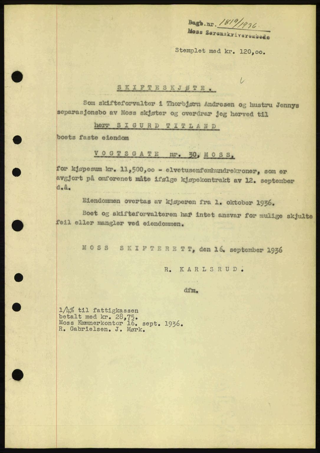 Moss sorenskriveri, SAO/A-10168: Pantebok nr. A1, 1936-1936, Dagboknr: 1819/1936