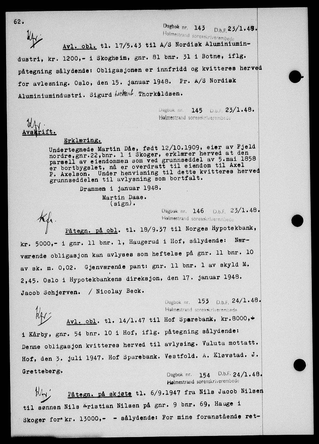 Holmestrand sorenskriveri, SAKO/A-67/G/Ga/Gab/L0058: Pantebok nr. B-58, 1947-1948, s. 62, Dagboknr: 143/1948