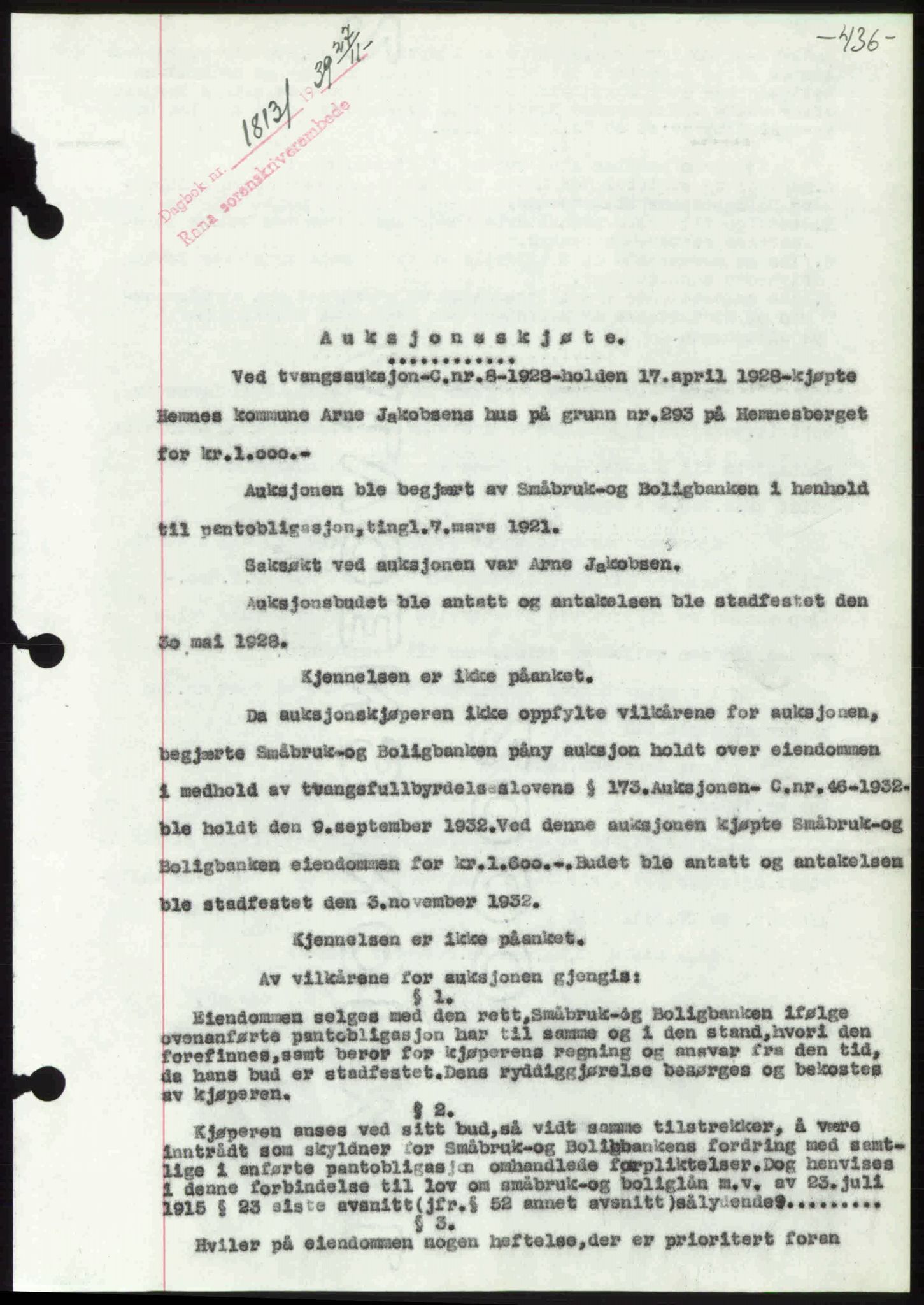 Rana sorenskriveri , SAT/A-1108/1/2/2C: Pantebok nr. A 6, 1939-1940, Dagboknr: 1813/1939
