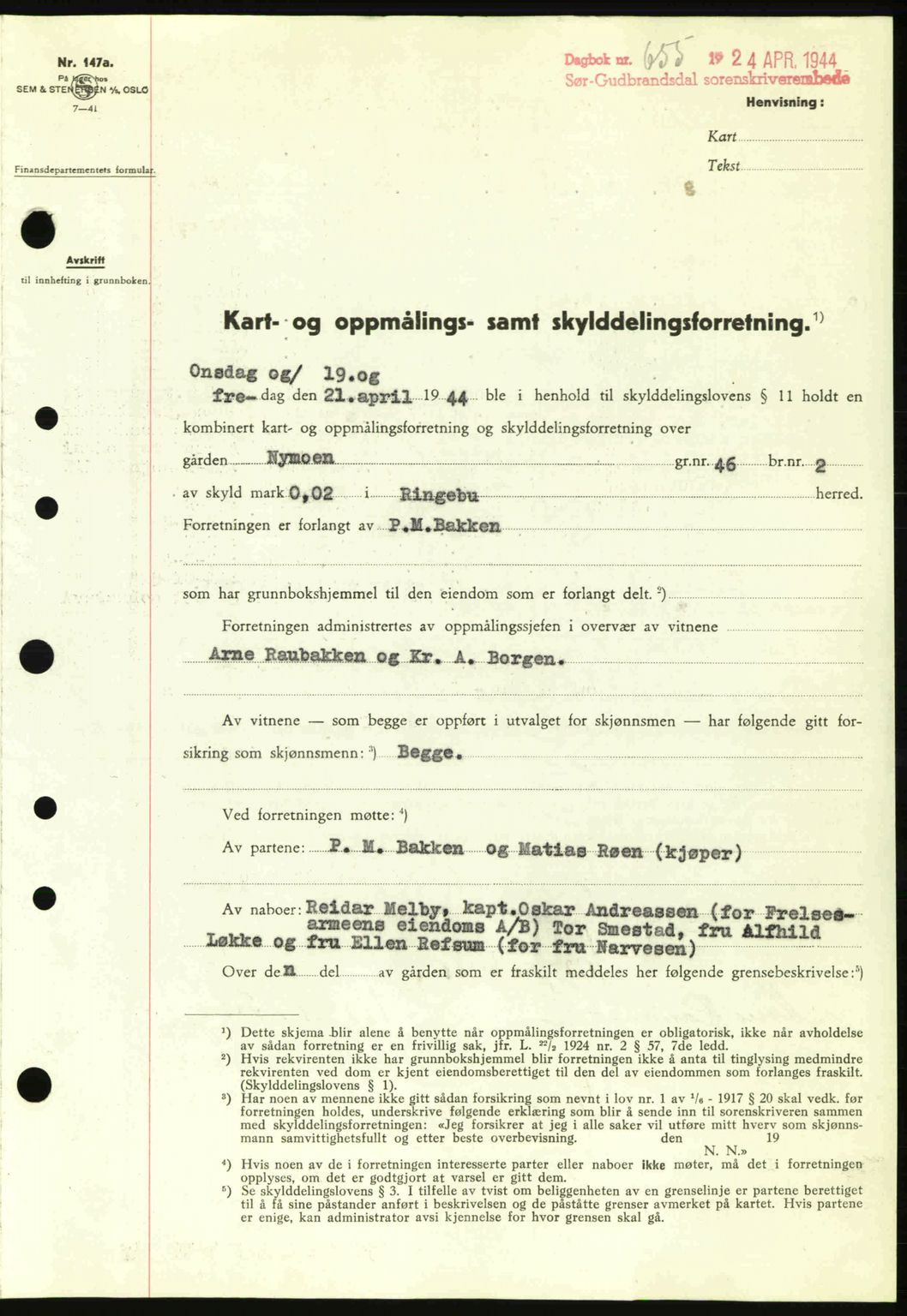 Sør-Gudbrandsdal tingrett, SAH/TING-004/H/Hb/Hbd/L0013: Pantebok nr. A13, 1944-1944, Dagboknr: 655/1944