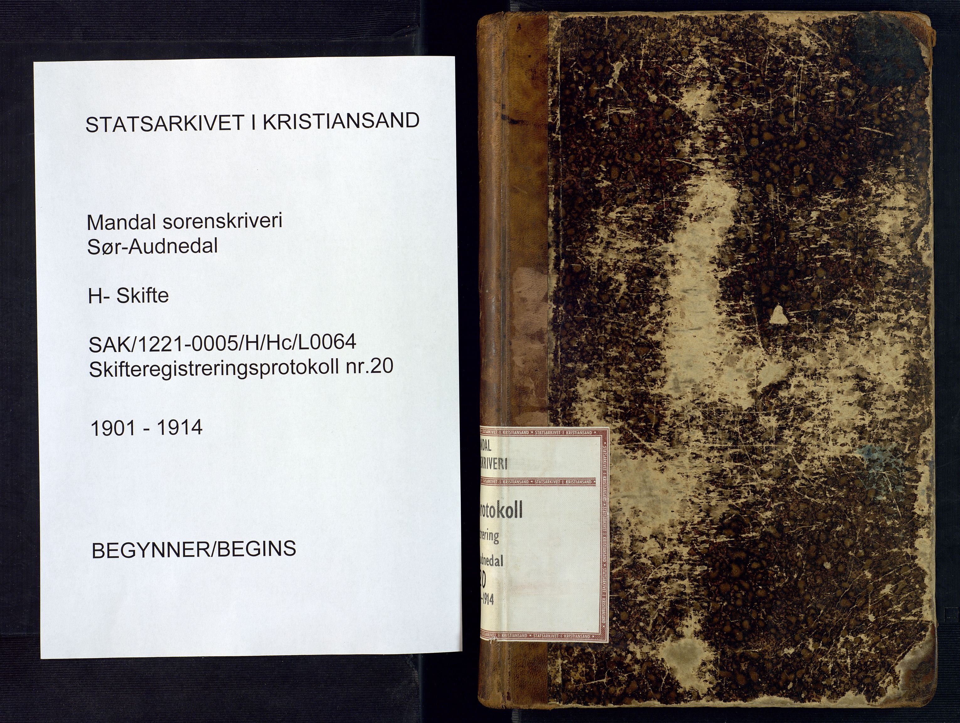 Mandal sorenskriveri, SAK/1221-0005/001/H/Hc/L0064: Skifteregistreringsprotokoll nr 20 Sør-Audnedal, 1901-1914