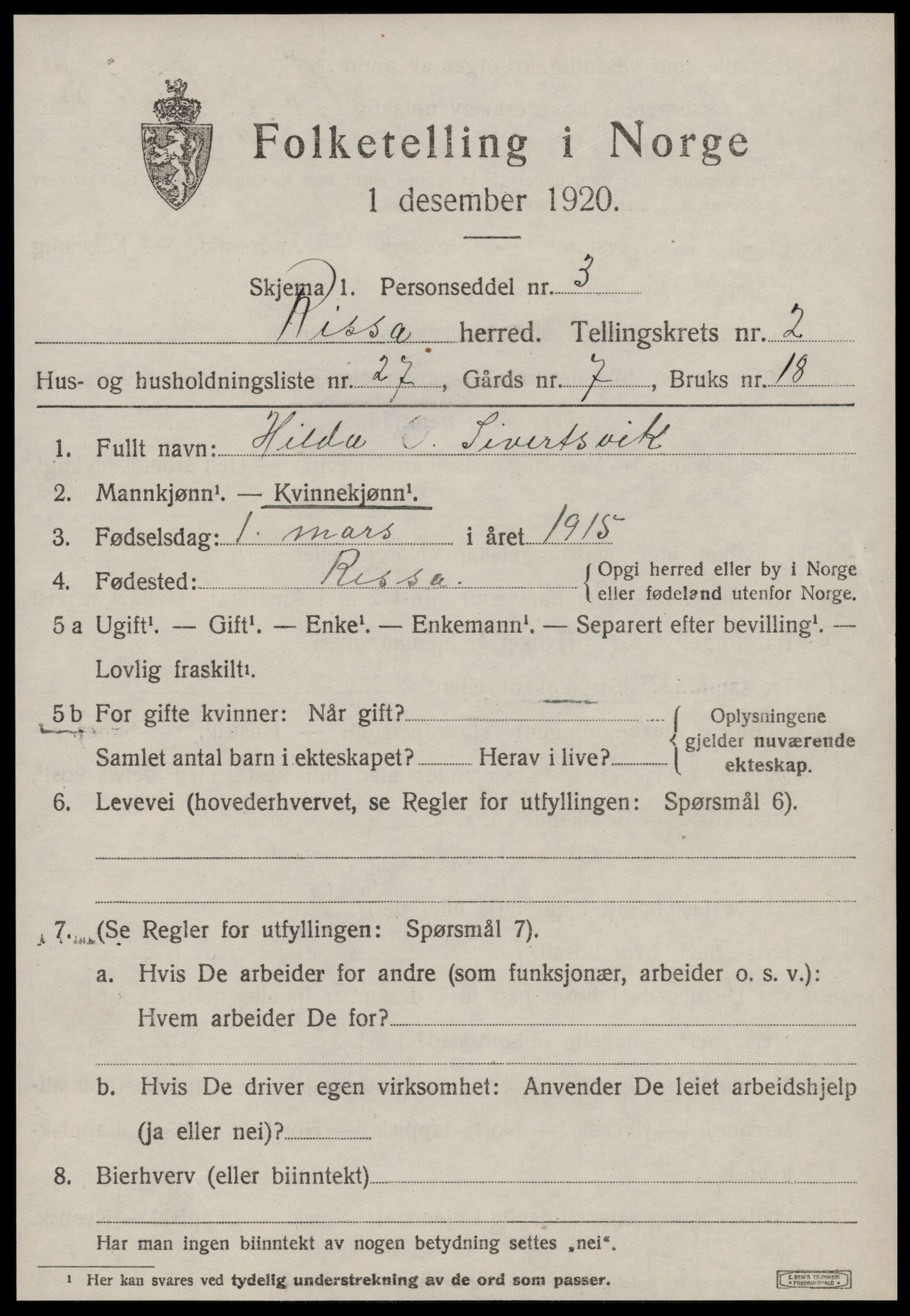 SAT, Folketelling 1920 for 1624 Rissa herred, 1920, s. 1943