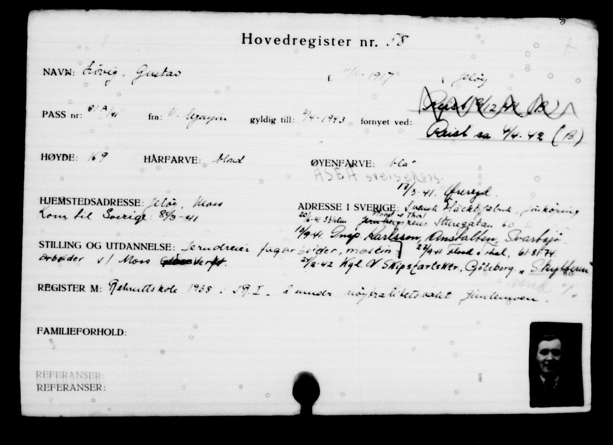 Utenriksstasjonene, Legasjonen i Stockholm, Flyktningkontoret, AV/RA-S-6753/V/Va/L0001: Kjesäterkartoteket, flyktninger med registreringsnr. 1-1000, 1940-1945, s. 100