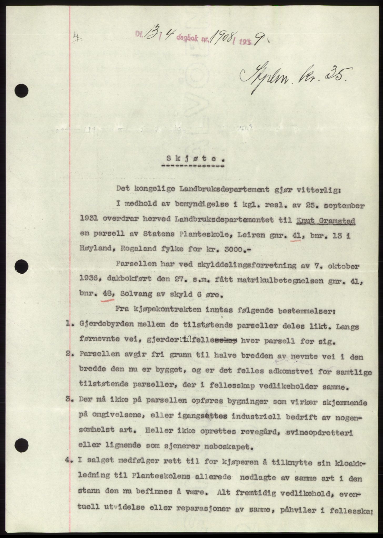 Jæren sorenskriveri, SAST/A-100310/03/G/Gba/L0074: Pantebok, 1939-1939, Dagboknr: 1908/1939