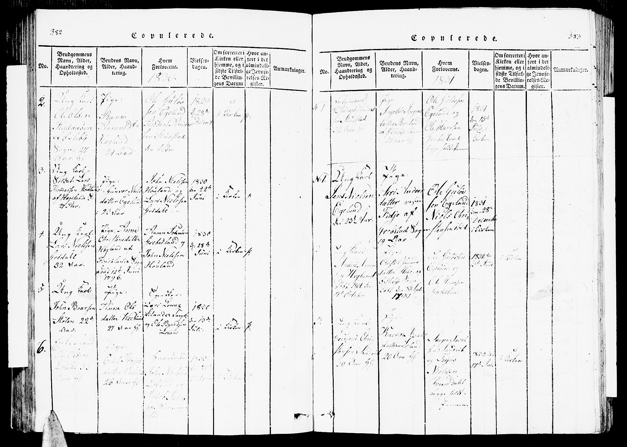 Vennesla sokneprestkontor, SAK/1111-0045/Fb/Fbc/L0001: Klokkerbok nr. B 1, 1820-1834, s. 382-383