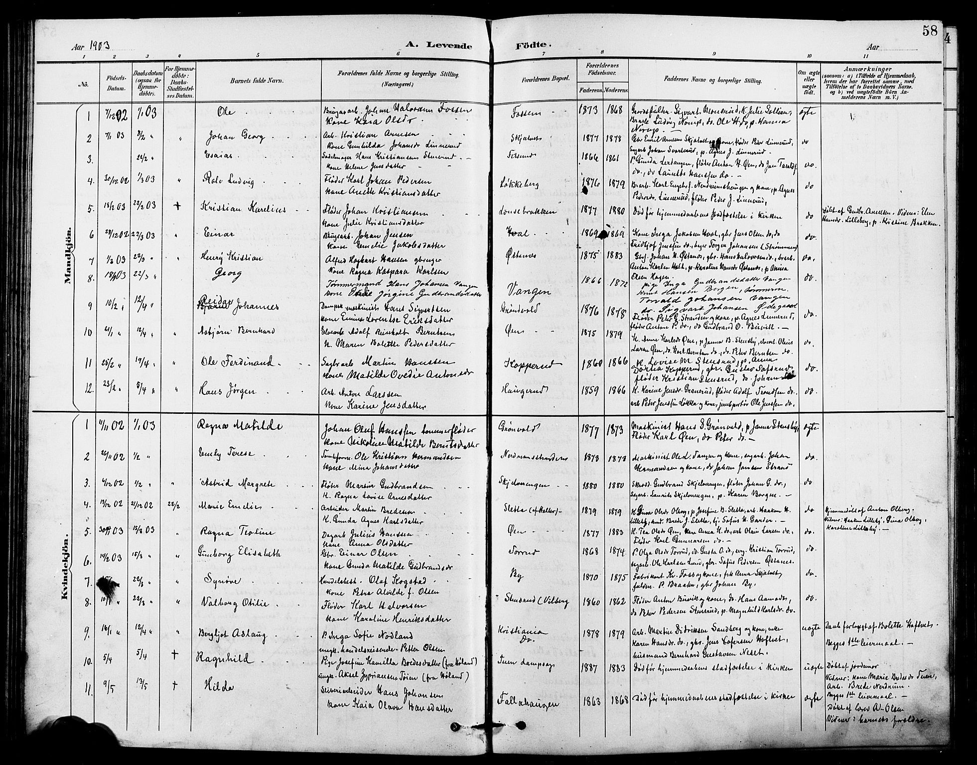 Fet prestekontor Kirkebøker, AV/SAO-A-10370a/G/Ga/L0007: Klokkerbok nr. I 7, 1892-1906, s. 58