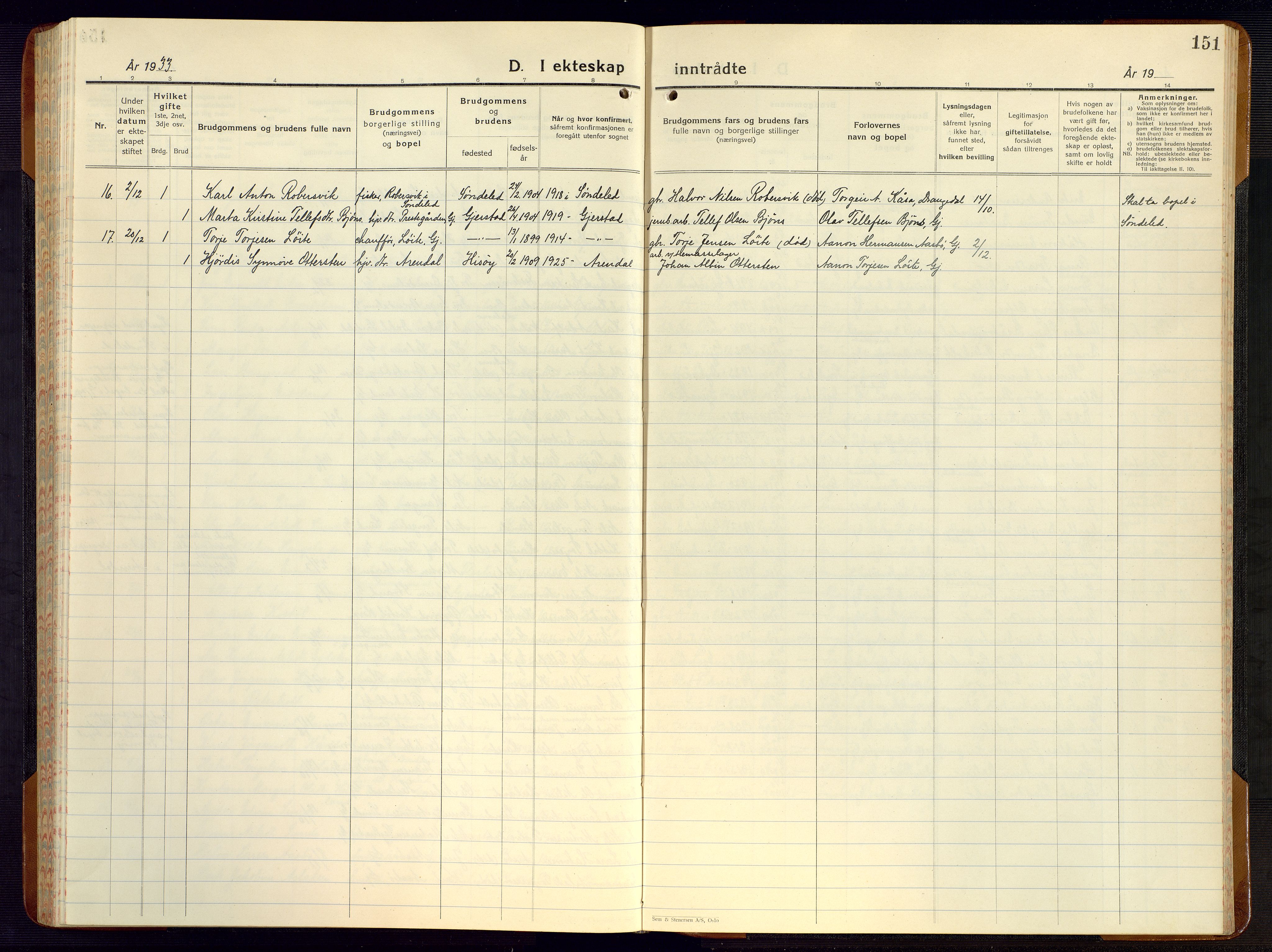 Gjerstad sokneprestkontor, AV/SAK-1111-0014/F/Fb/Fba/L0009: Klokkerbok nr. B 9, 1925-1946, s. 151