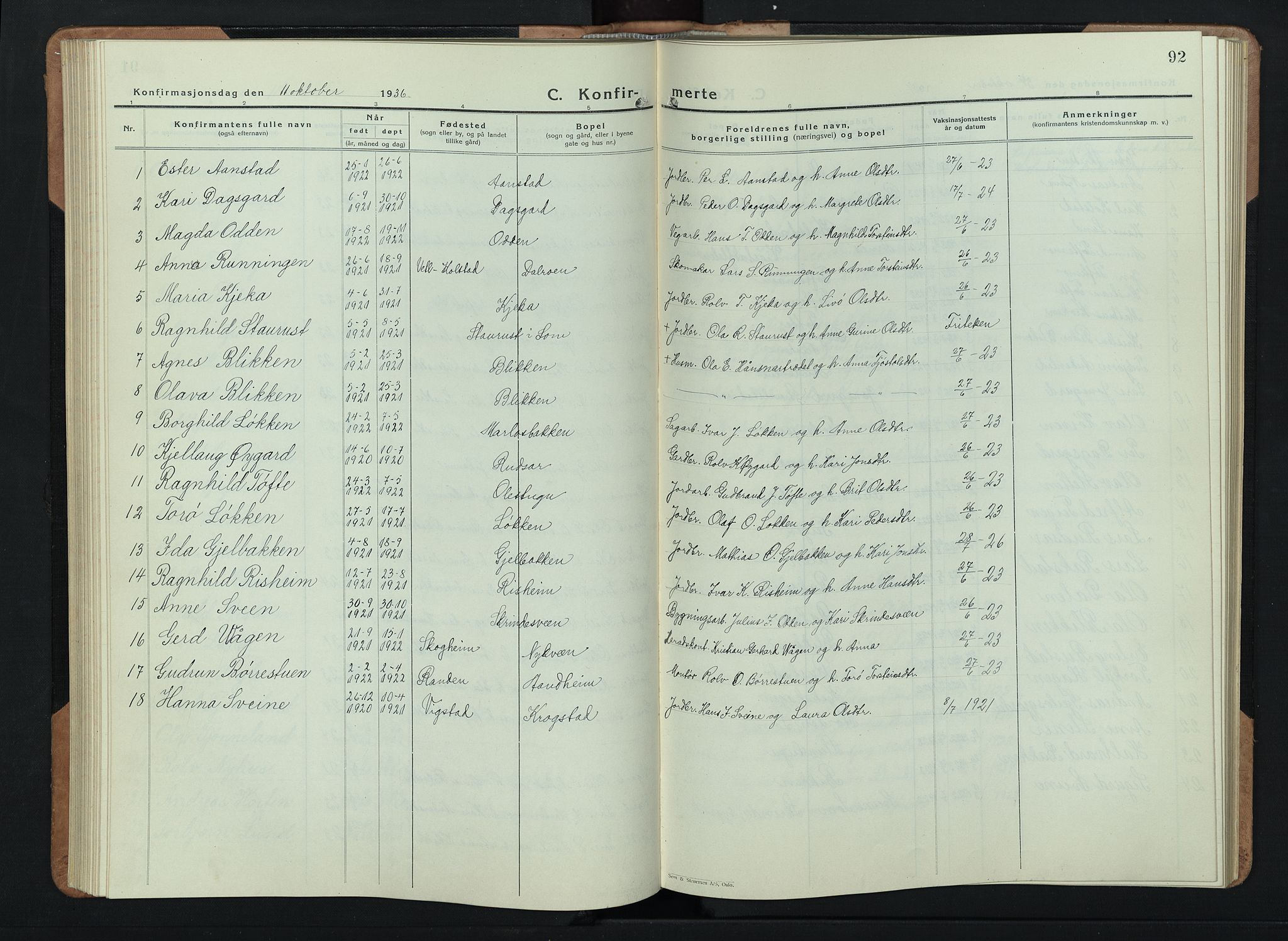 Skjåk prestekontor, AV/SAH-PREST-072/H/Ha/Hab/L0006: Klokkerbok nr. 6, 1933-1954, s. 92