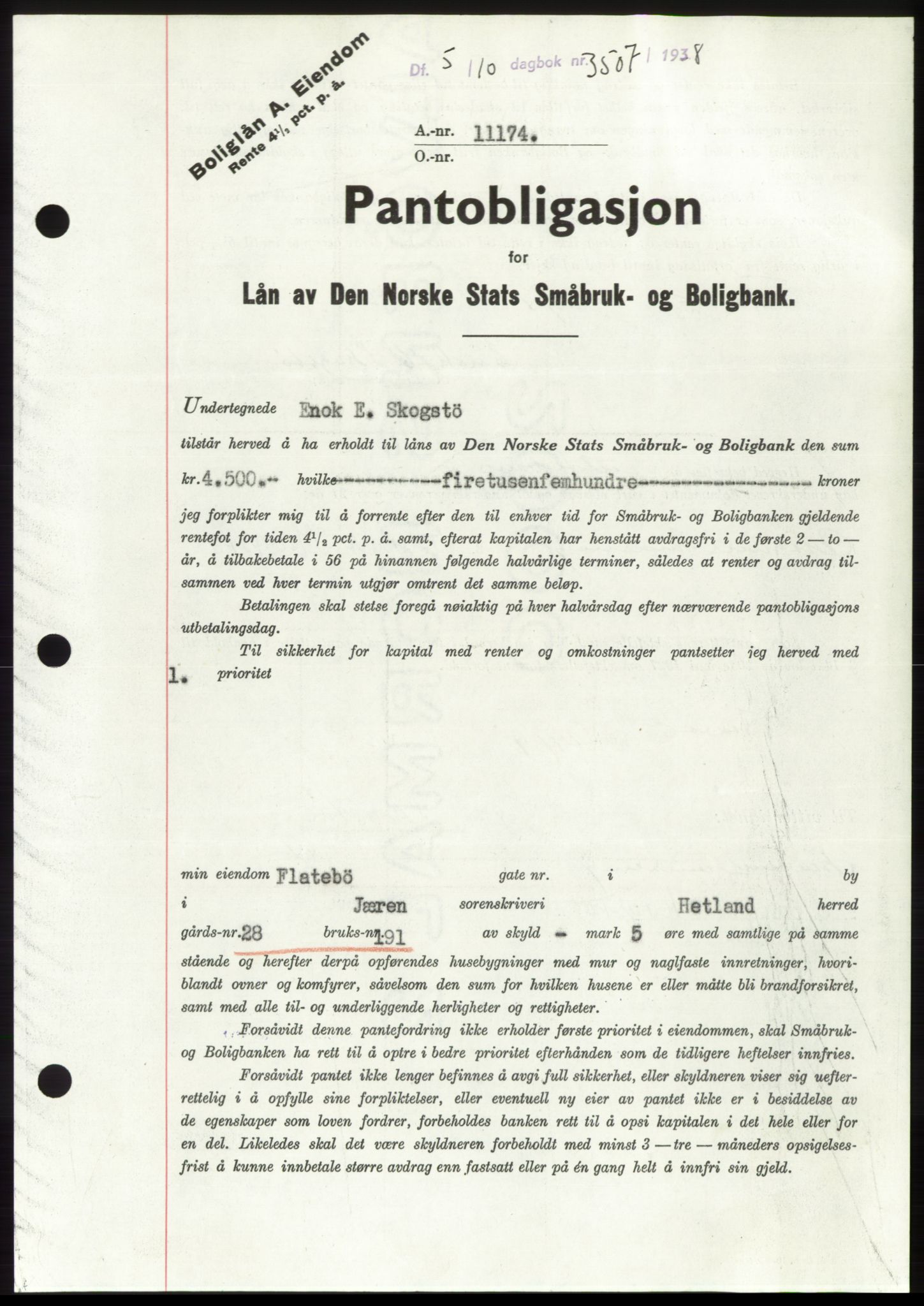 Jæren sorenskriveri, SAST/A-100310/03/G/Gba/L0072: Pantebok, 1938-1938, Dagboknr: 3507/1938