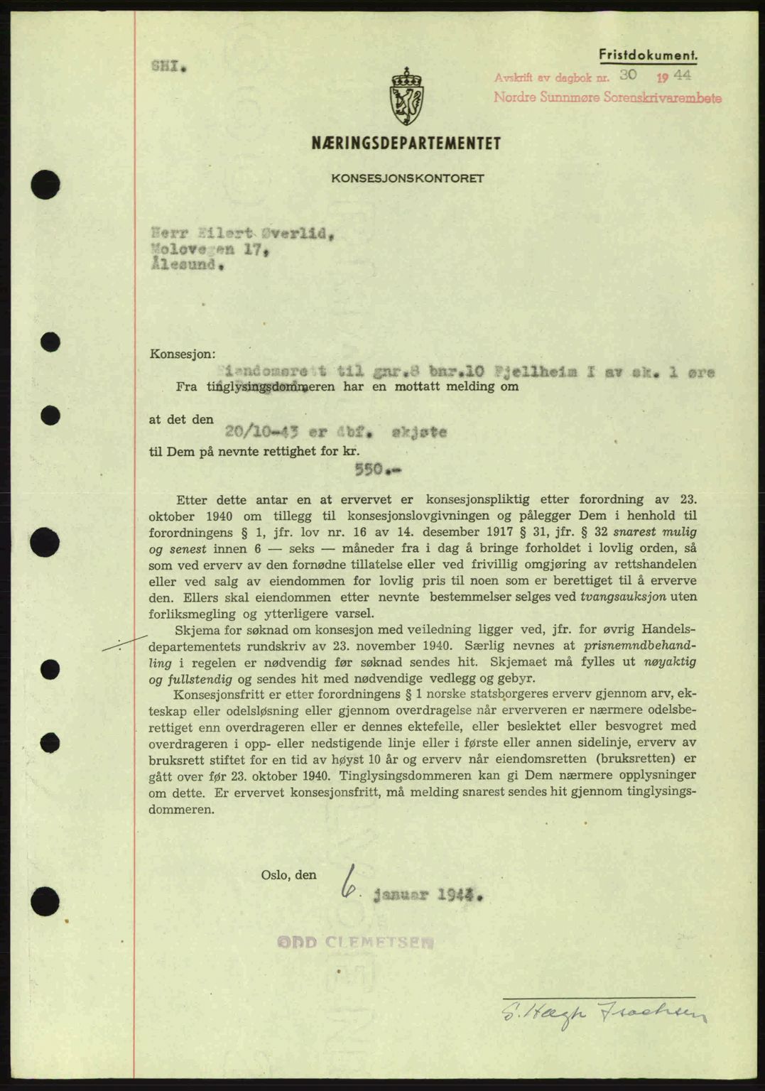 Nordre Sunnmøre sorenskriveri, AV/SAT-A-0006/1/2/2C/2Ca: Pantebok nr. B6-14 a, 1942-1945, Dagboknr: 30/1944