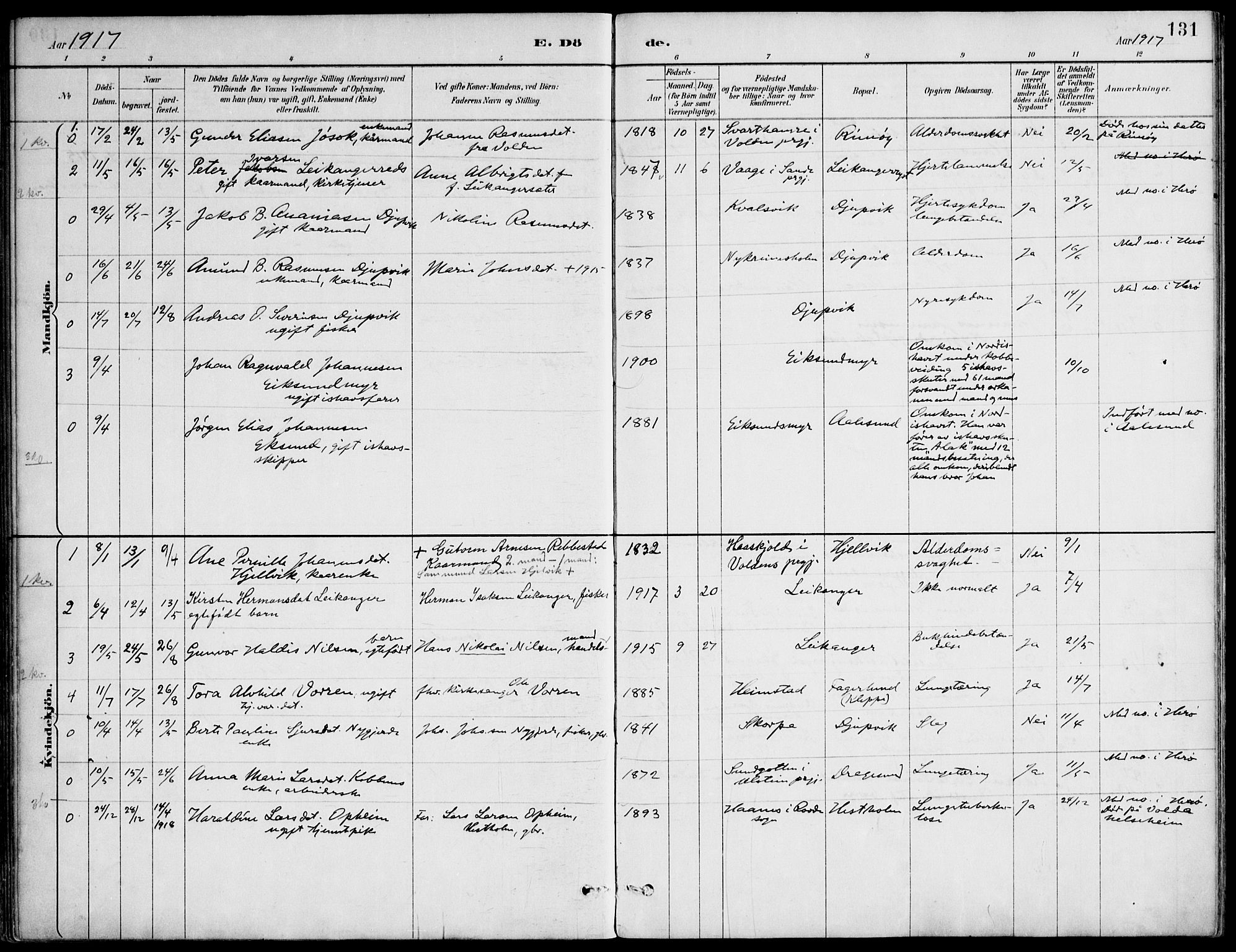 Ministerialprotokoller, klokkerbøker og fødselsregistre - Møre og Romsdal, SAT/A-1454/508/L0095: Ministerialbok nr. 508A02, 1887-1920, s. 131