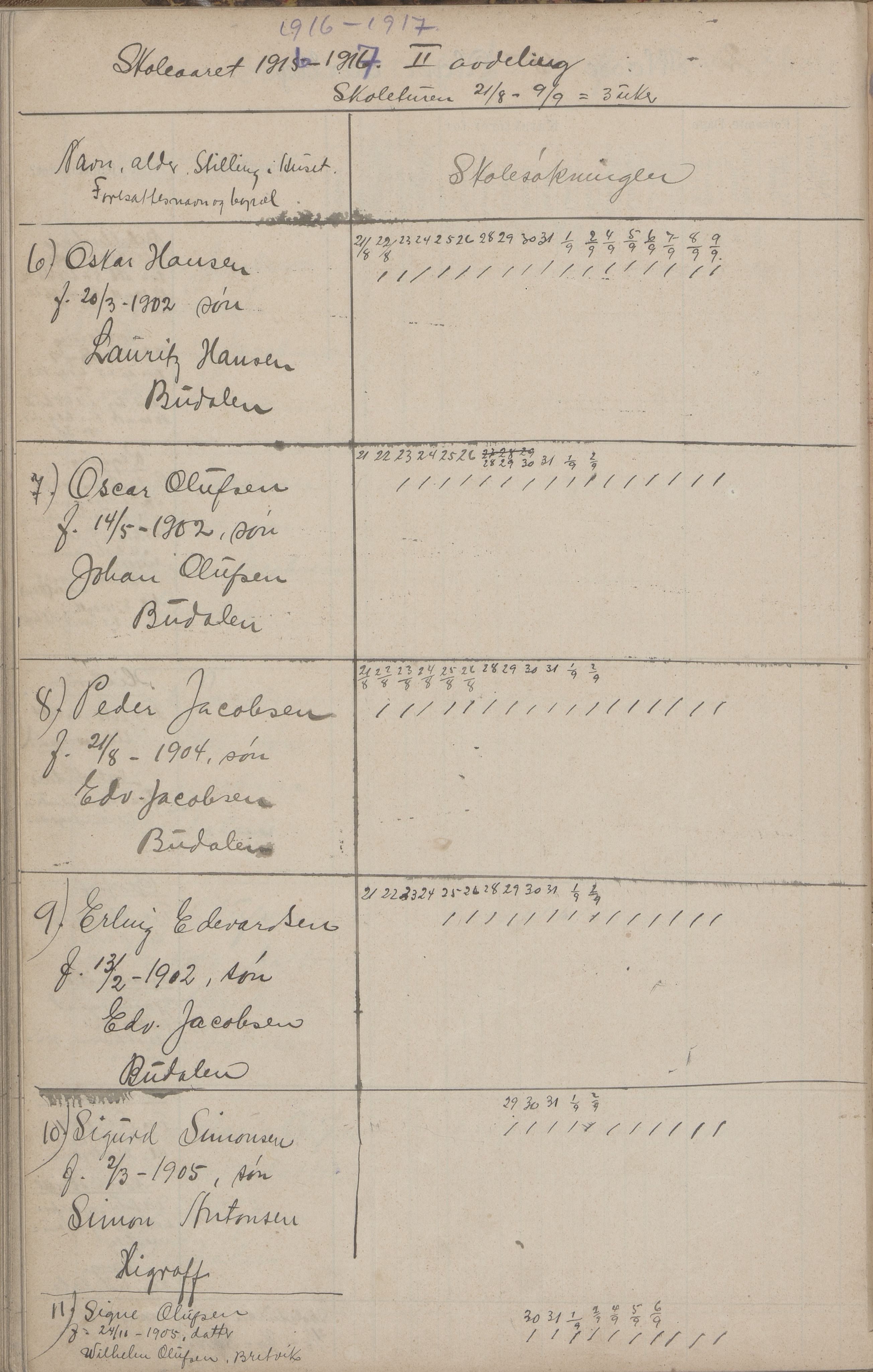 Hadsel kommune. Budal skolekrets, AIN/K-18660.510.19/G/L0001: Skoleprotokoll Budal skole, 1902-1917