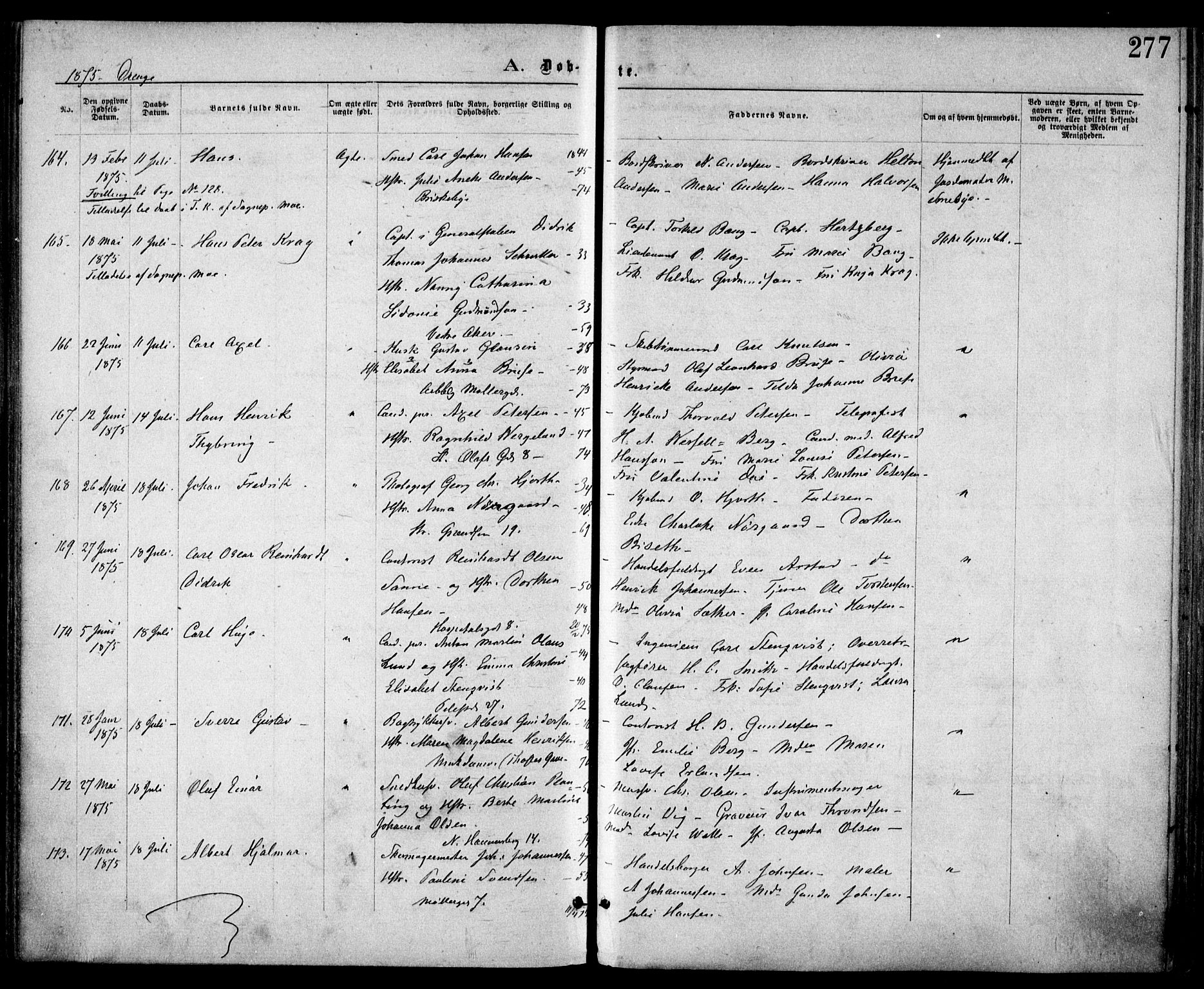 Trefoldighet prestekontor Kirkebøker, AV/SAO-A-10882/F/Fa/L0003: Ministerialbok nr. I 3, 1870-1876, s. 277