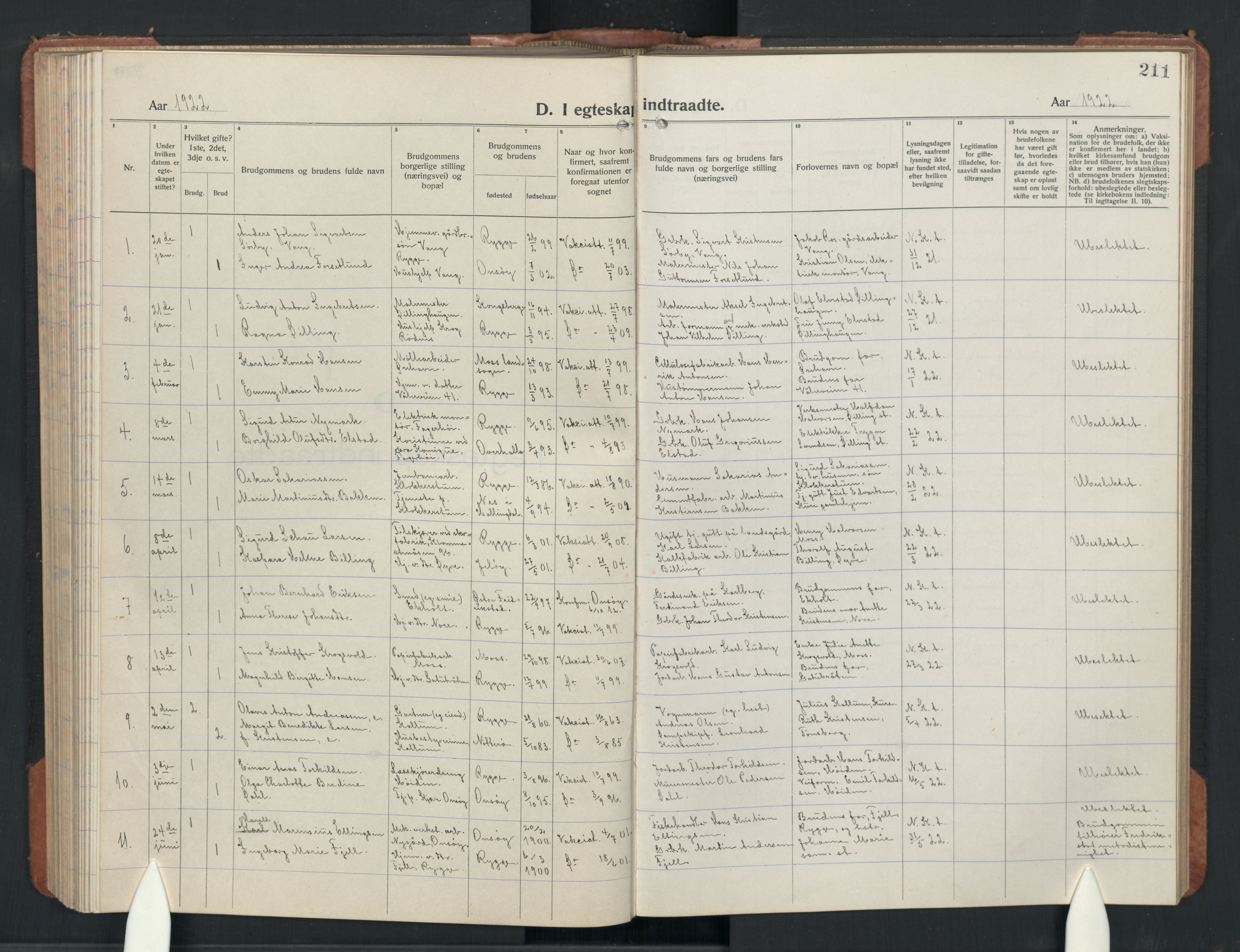Rygge prestekontor Kirkebøker, AV/SAO-A-10084b/G/Ga/L0004: Klokkerbok nr. 4, 1922-1953, s. 211