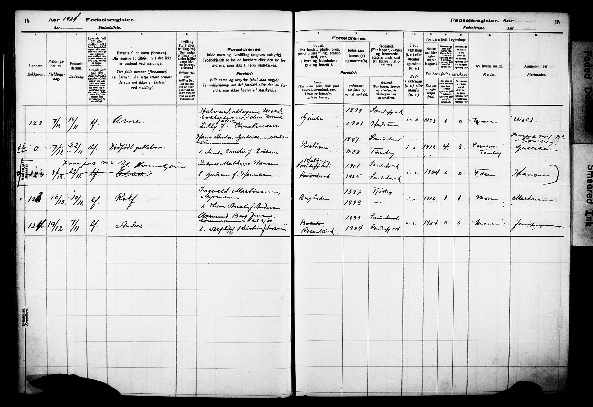 Sandar kirkebøker, AV/SAKO-A-243/J/Ja/L0002: Fødselsregister nr. 2, 1922-1929, s. 15