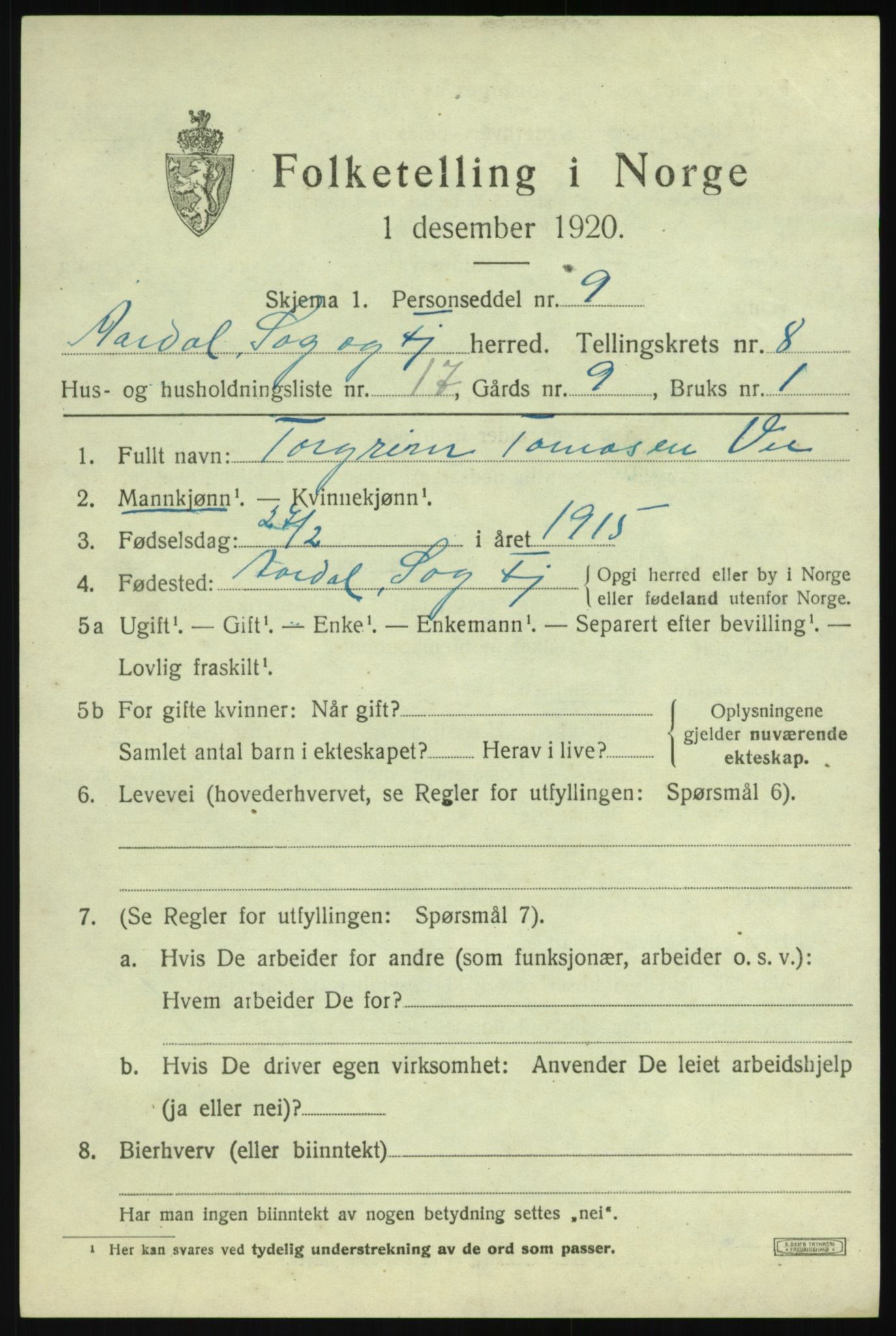 SAB, Folketelling 1920 for 1424 Årdal herred, 1920, s. 3839