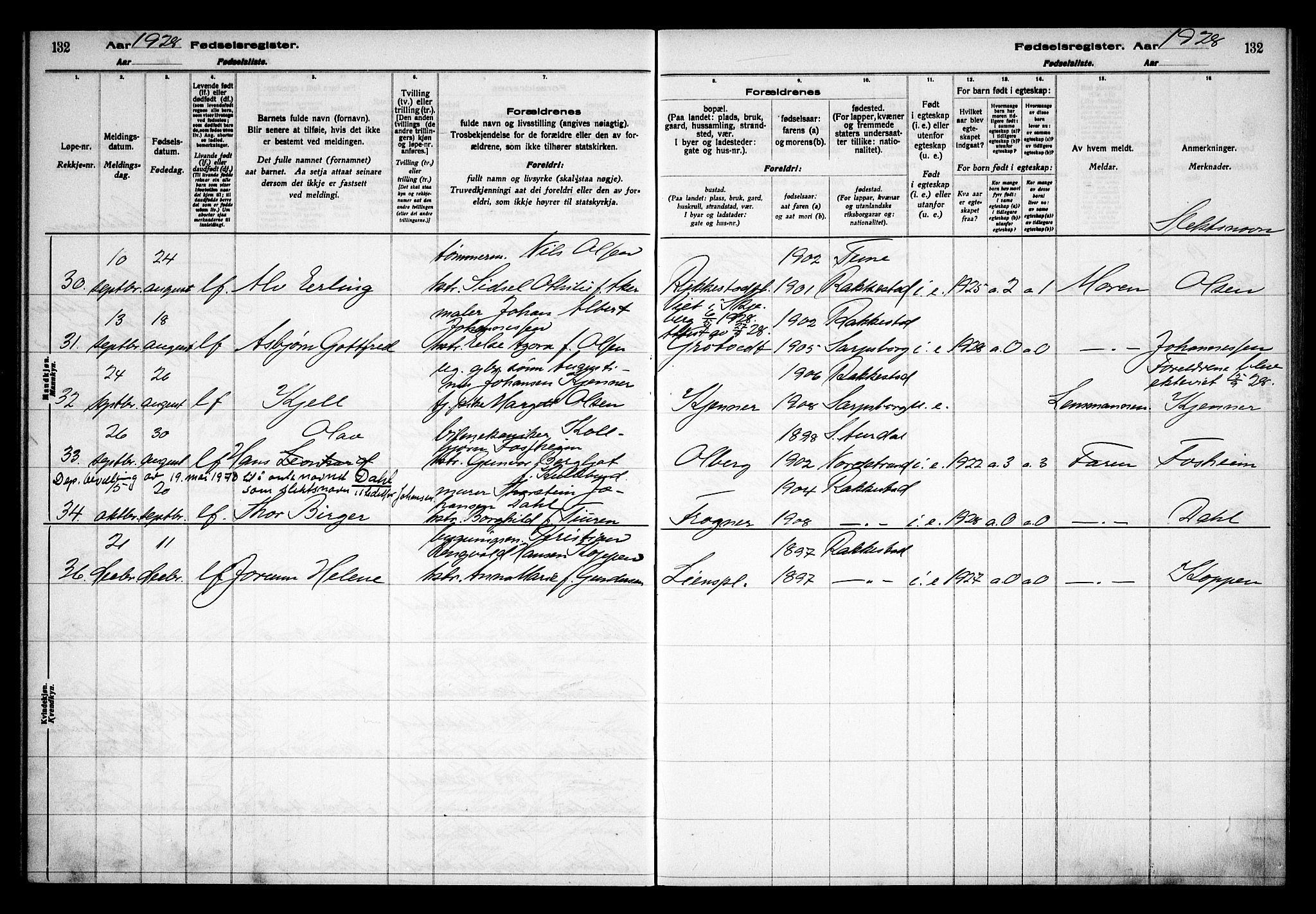 Rakkestad prestekontor Kirkebøker, AV/SAO-A-2008/J/Ja/L0001: Fødselsregister nr. I 1, 1916-1936, s. 132