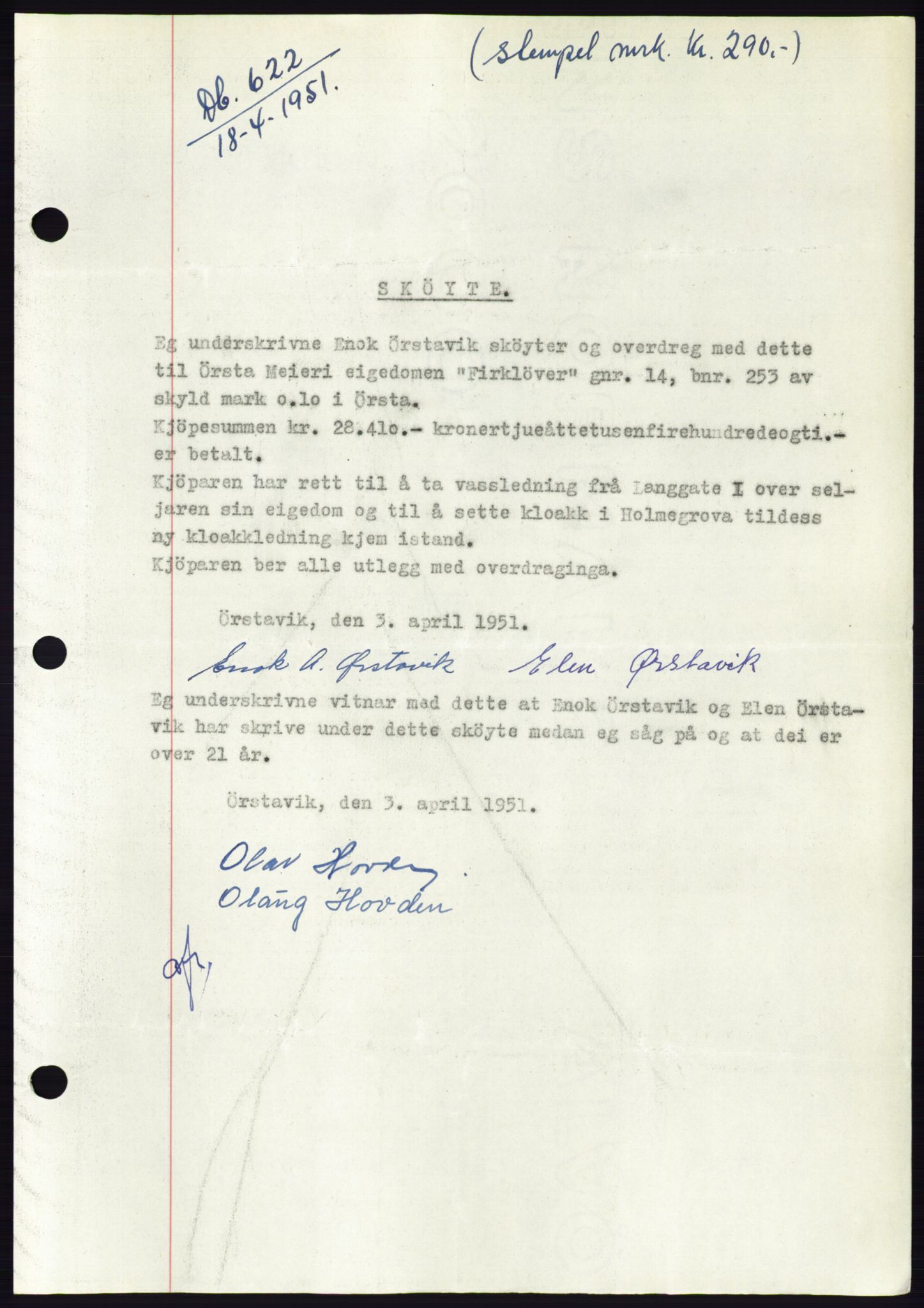 Søre Sunnmøre sorenskriveri, AV/SAT-A-4122/1/2/2C/L0089: Pantebok nr. 15A, 1951-1951, Dagboknr: 622/1951