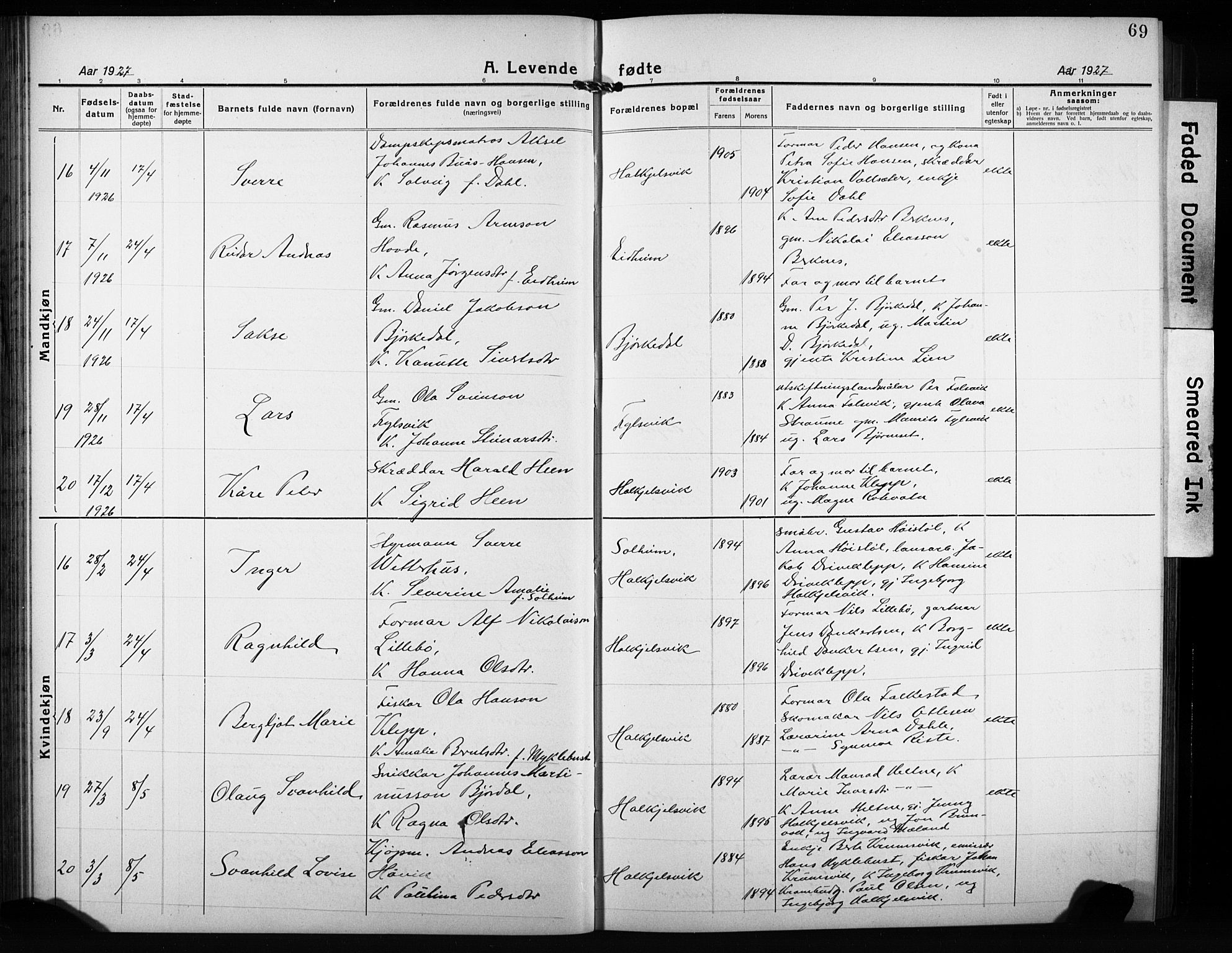 Ministerialprotokoller, klokkerbøker og fødselsregistre - Møre og Romsdal, AV/SAT-A-1454/511/L0160: Klokkerbok nr. 511C06, 1920-1932, s. 69