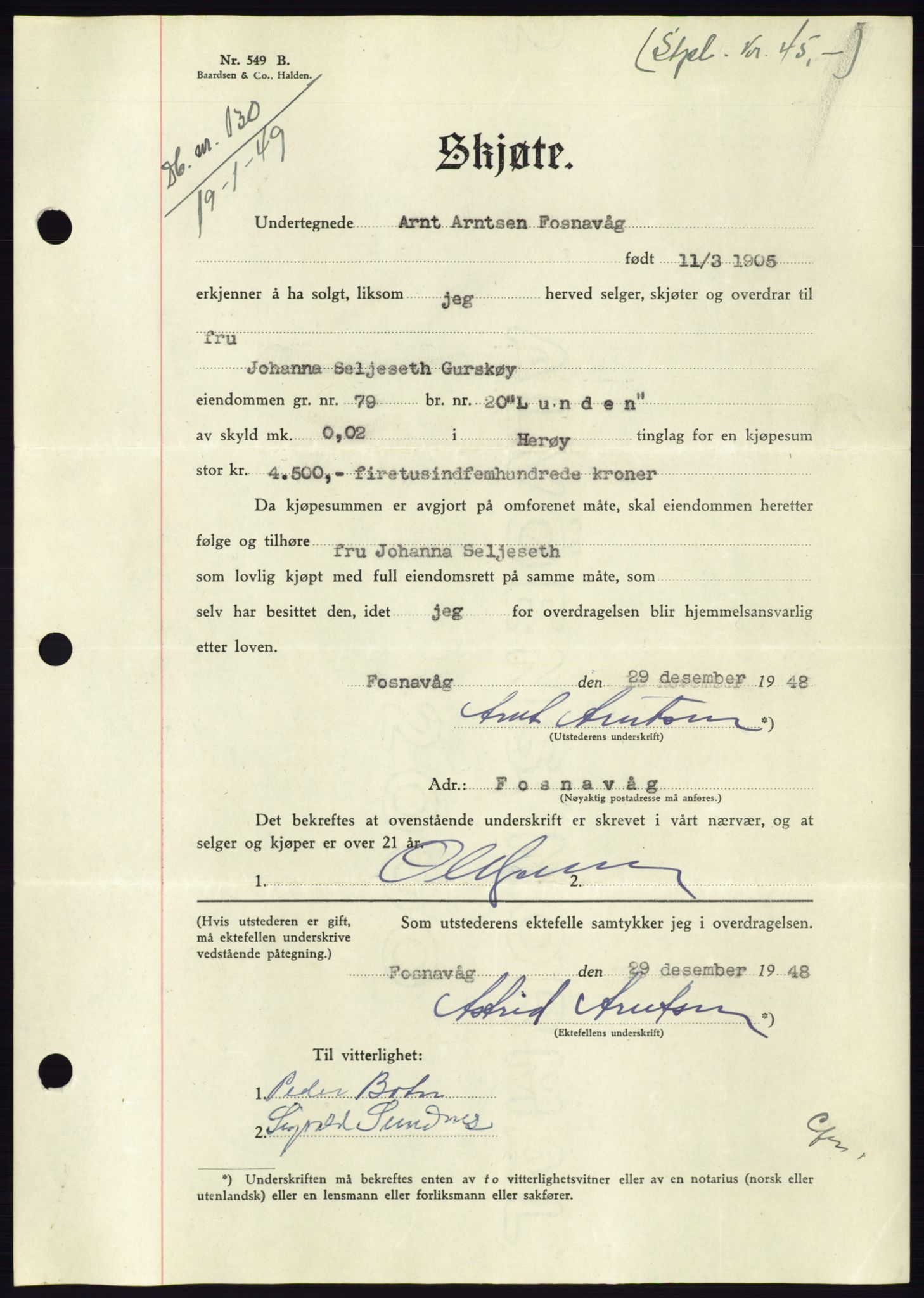 Søre Sunnmøre sorenskriveri, AV/SAT-A-4122/1/2/2C/L0083: Pantebok nr. 9A, 1948-1949, Dagboknr: 130/1949