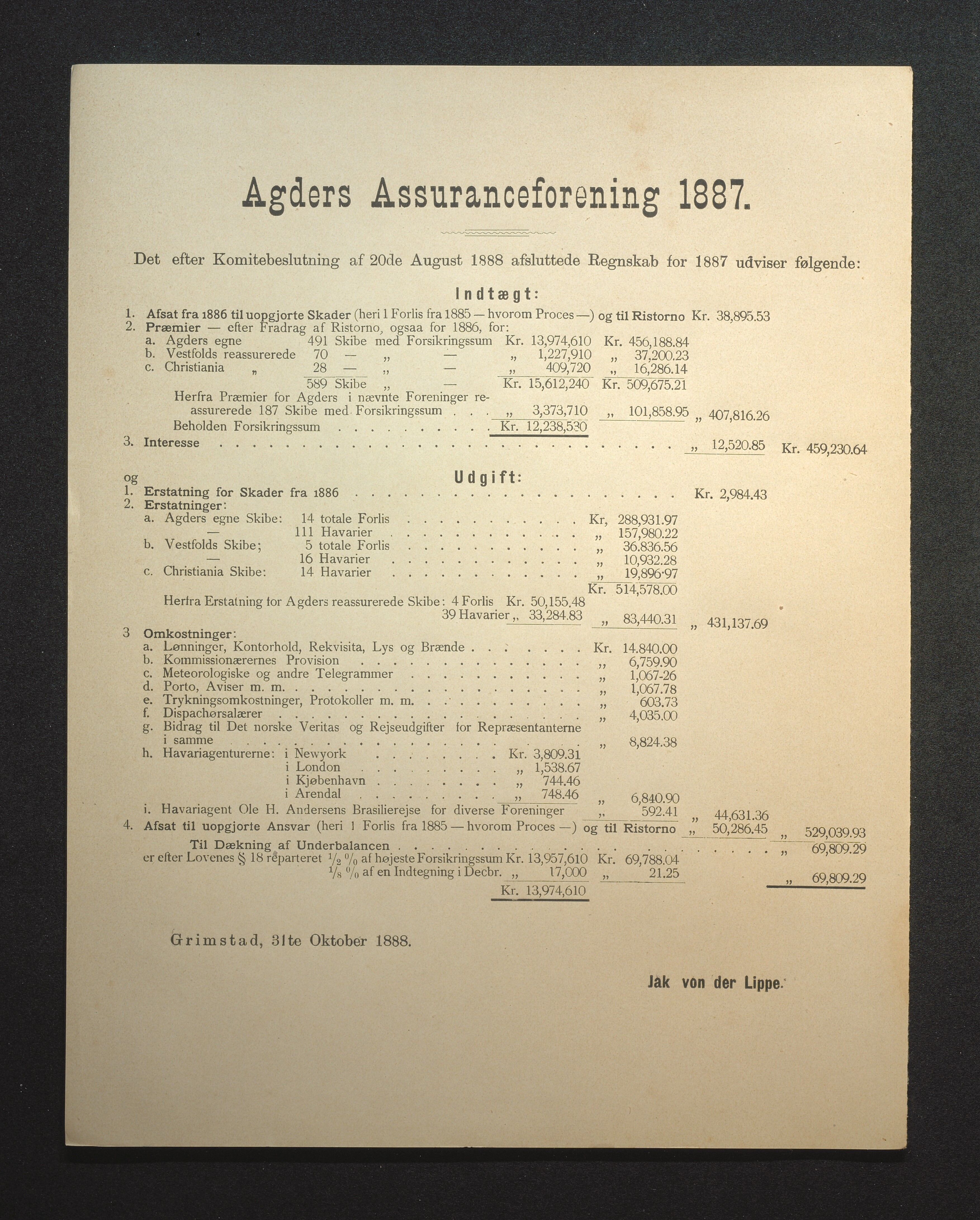 Agders Gjensidige Assuranceforening, AAKS/PA-1718/05/L0002: Regnskap, seilavdeling, pakkesak, 1881-1889