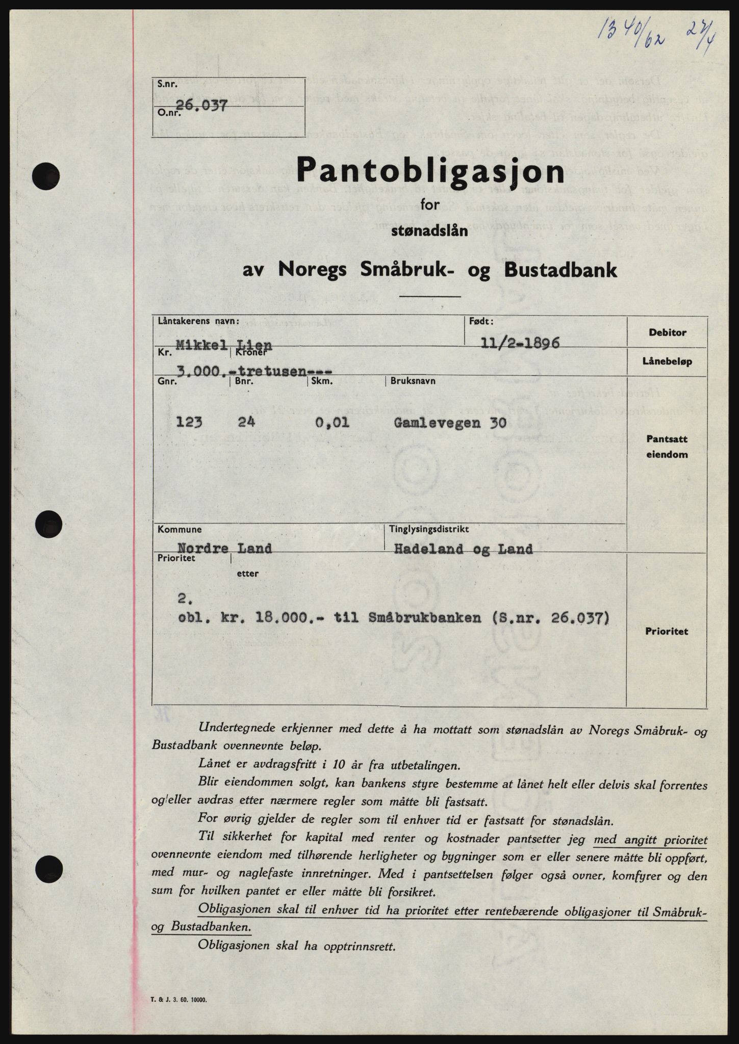 Hadeland og Land tingrett, SAH/TING-010/H/Hb/Hbc/L0048: Pantebok nr. B48, 1962-1962, Dagboknr: 1340/1962